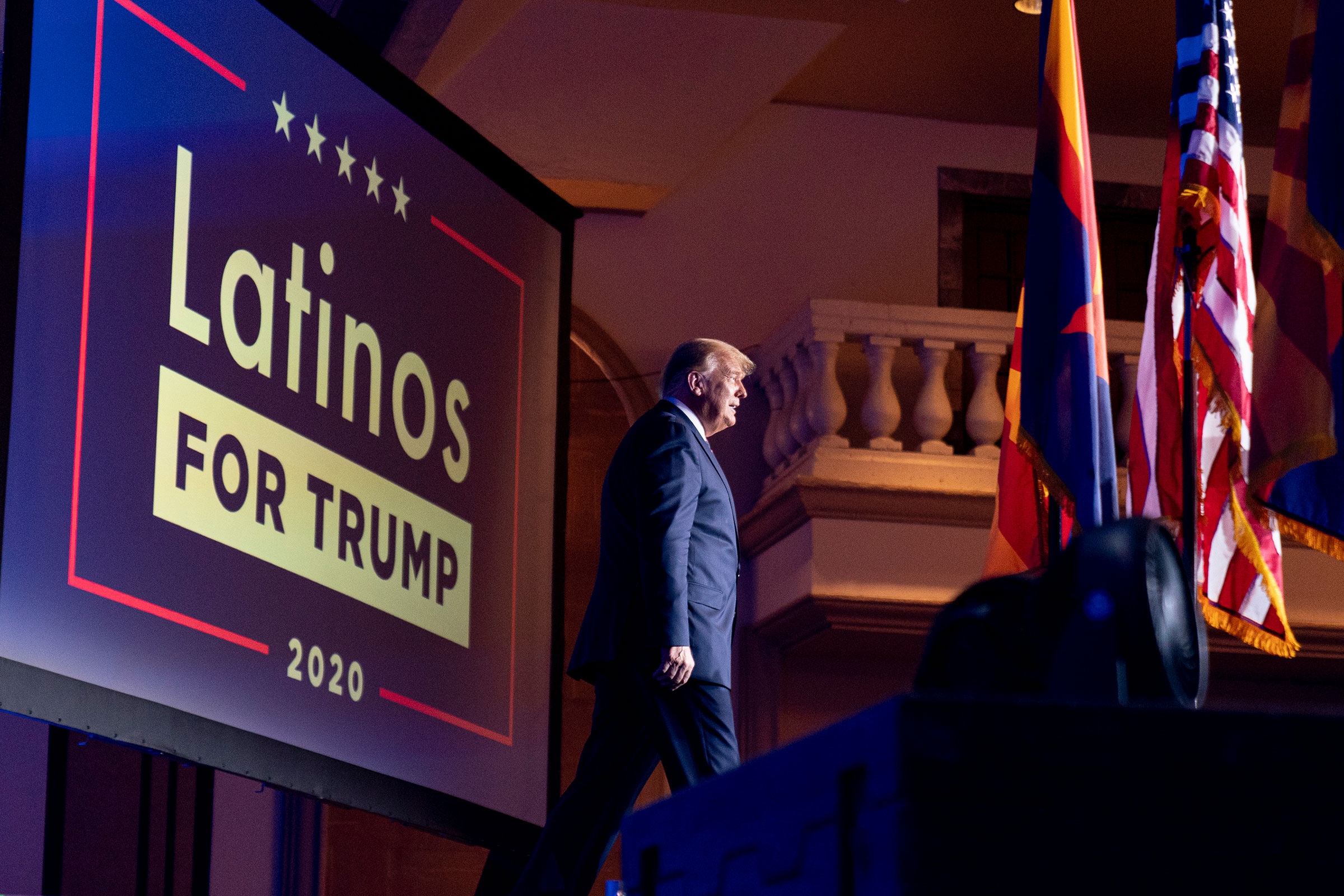 President Donald Trump arrives for a Latinos for Trump Coalition roundtable at Arizona Grand Resort in Phoenix on Sept. 14, 2020. (Andrew Harnik—AP)