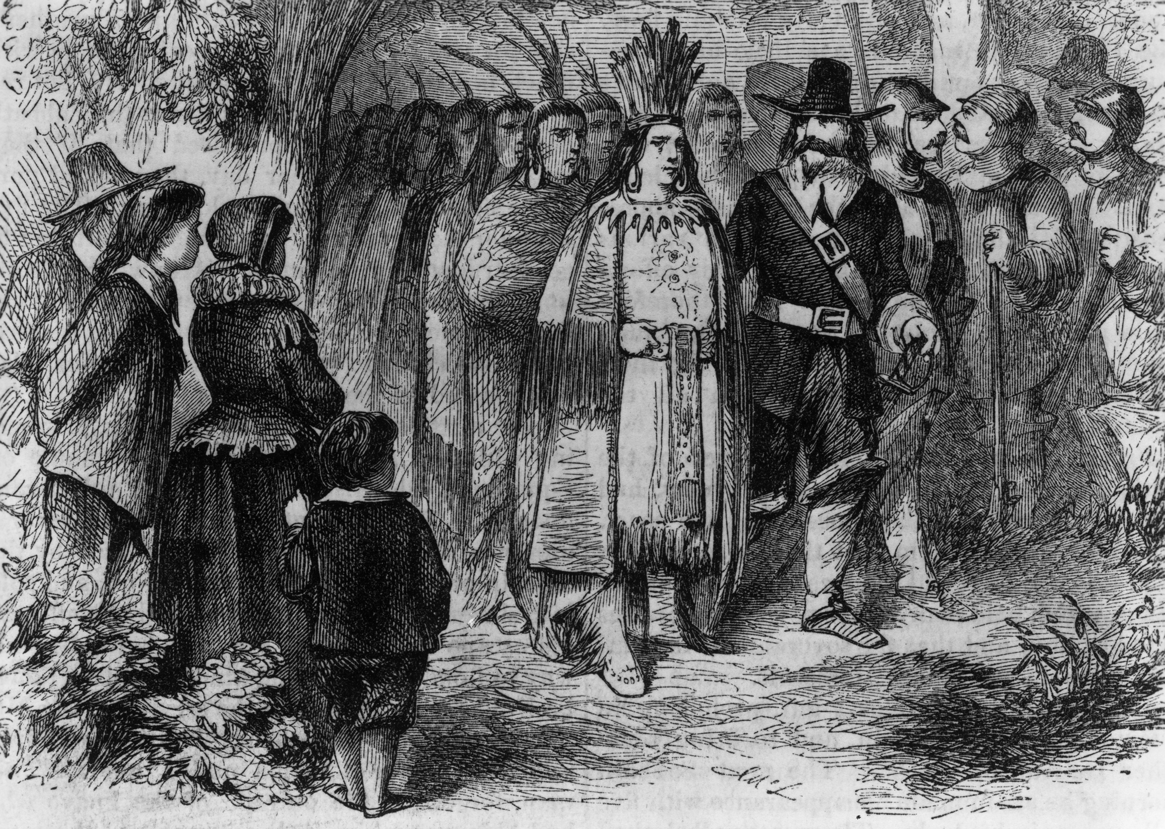 Circa 1621, Massasoit or Ousamequin, chief of the Wampanoag of Massachusetts and Rhode Island, pays a visit to the Pilgrims' camp at Plymouth Colony with his warriors after signing the earliest recorded treaty in New England (MPI/Getty Images)