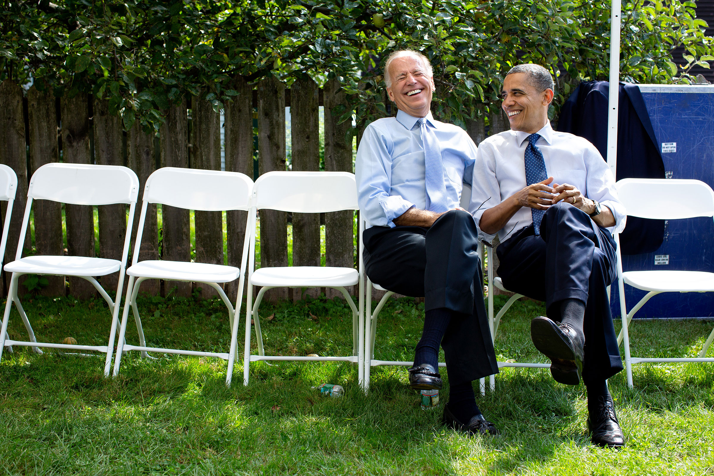 President Barack Obama and Vice President Joe Biden talk backstage during a grassroots campaign event at Strawbery Banke Museum in Portsmouth, N.H., on Sept. 7, 2012.