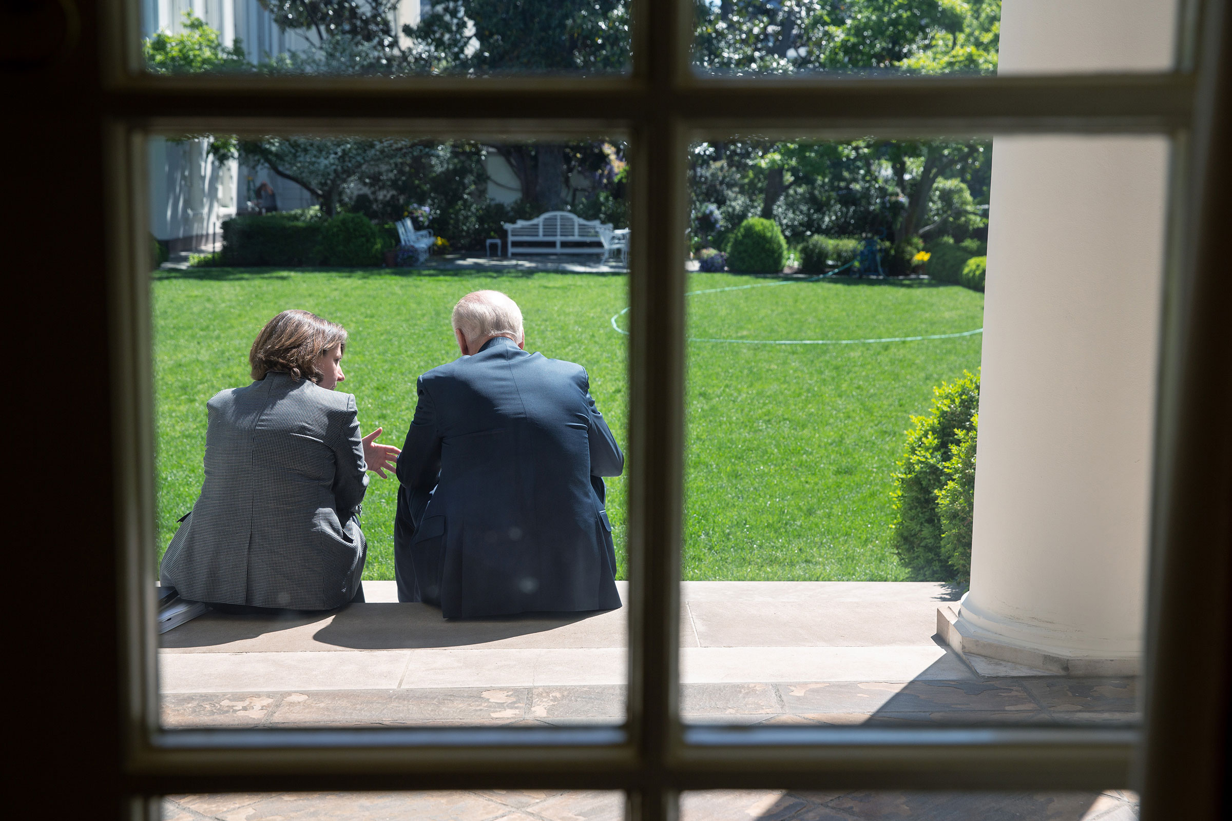 Vice President Joe Biden and Lisa Monaco, Assistant to the President for Homeland Security and Counterterrorism, talk on the steps from the Colonnade to the Rose Garden at the White House following the Presidential Daily Briefing, on May 1, 2013.