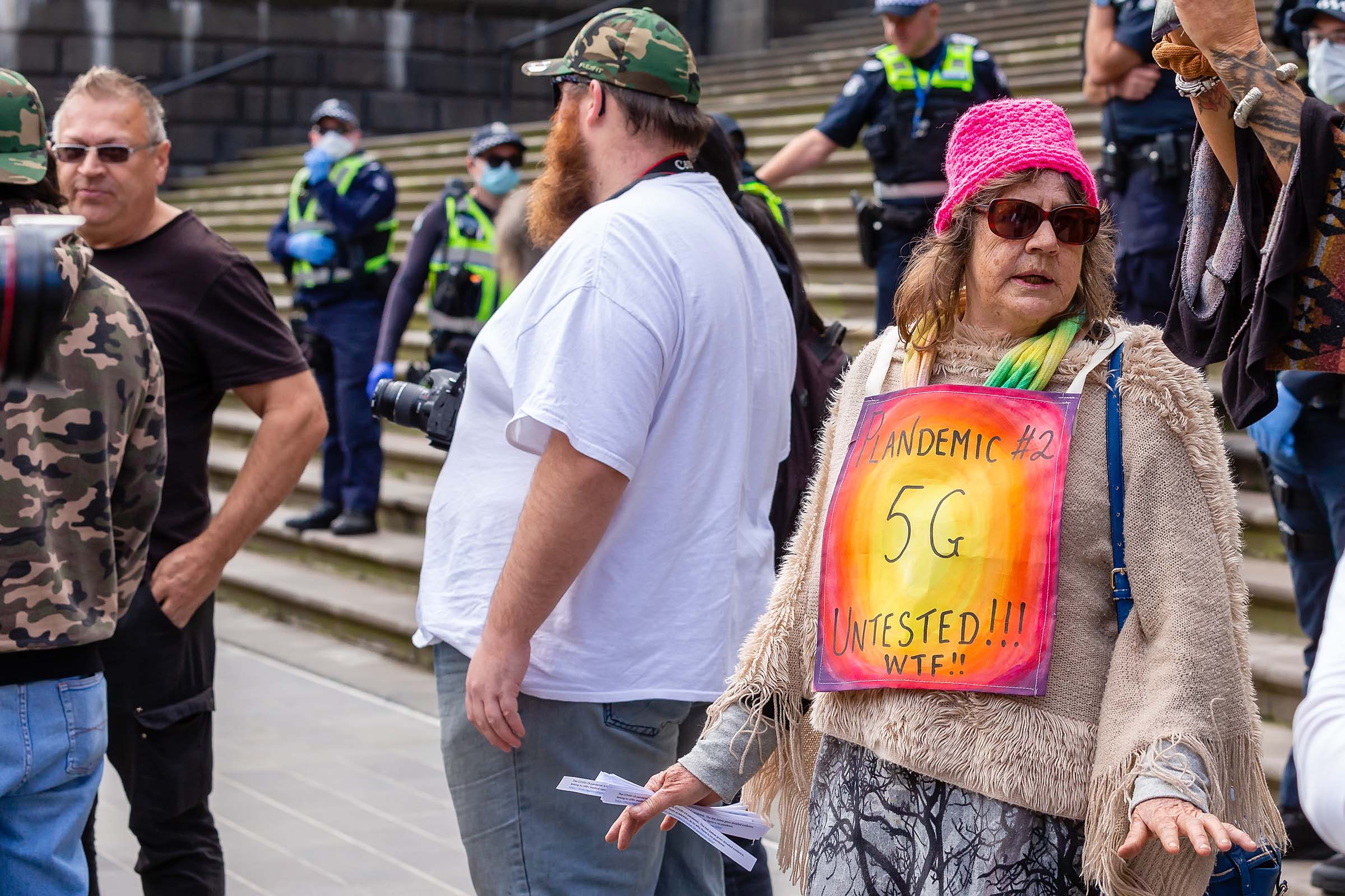 Many protesters blame 5G technology for the Coronavirus during the Coronavirus (COVID-19) Anti-Lockdown Protest at Parliament House in Melbourne on May 10, 2020. (Speed Media/Icon Sportswire/Getty Images)