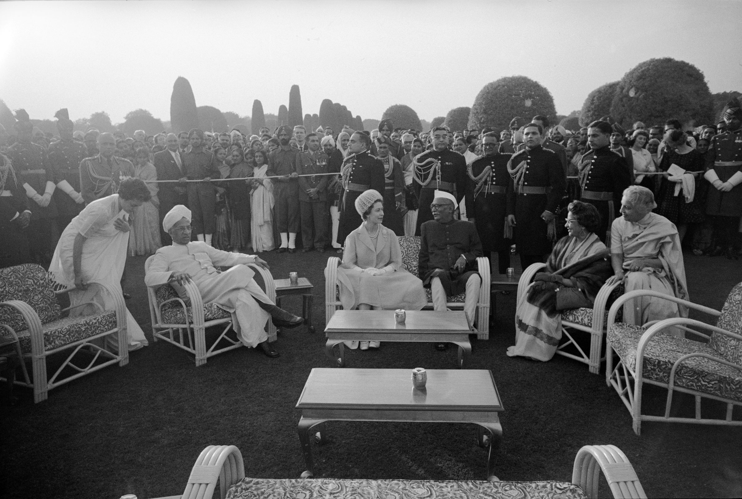 Queen Elizabeth II with India's President Rajendra Prasad at garden party reception at the President's Palace during the Queen's trip to India in 1961. (Hank Walker—The LIFE Picture Collection/Getty Images)