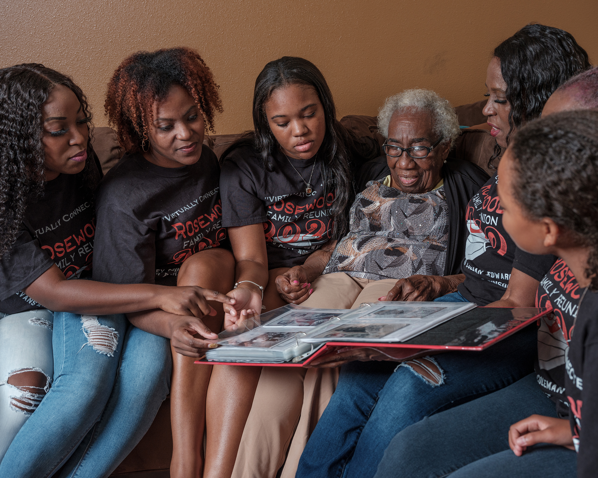 One of the oldest living descendants of the Rosewood massacre, Altamese Wrispus, with three generations of family members.