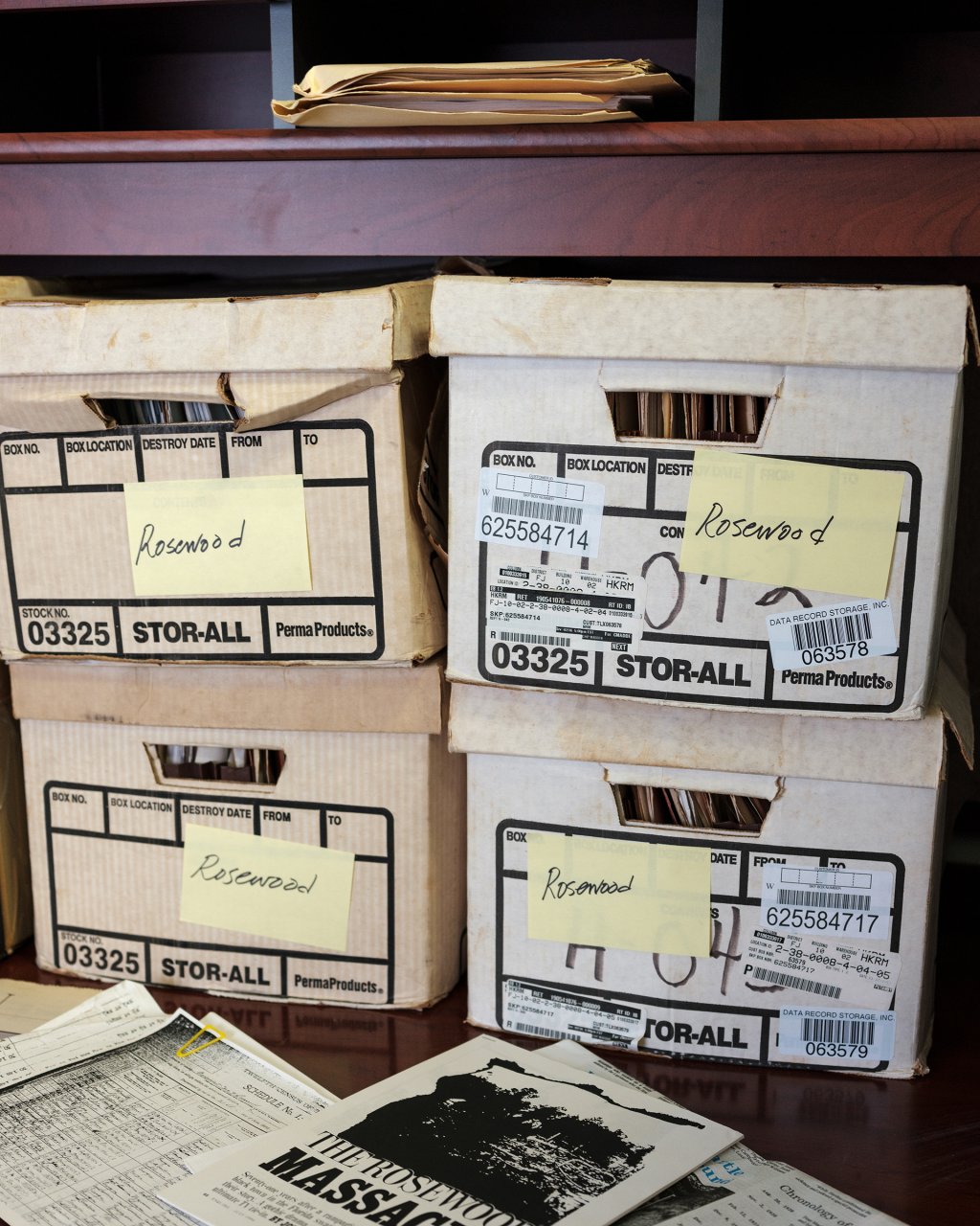 Boxes of Rosewood files at Barnett's office.