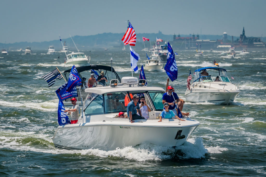 A group called Boaters For Trump New York organized the first Trump Boat Parade and Flotilla to NYC's Hudson River on July 19, 2020 to show support for Donald Trump. (Erik McGregor—LightRocket/Getty Images)
