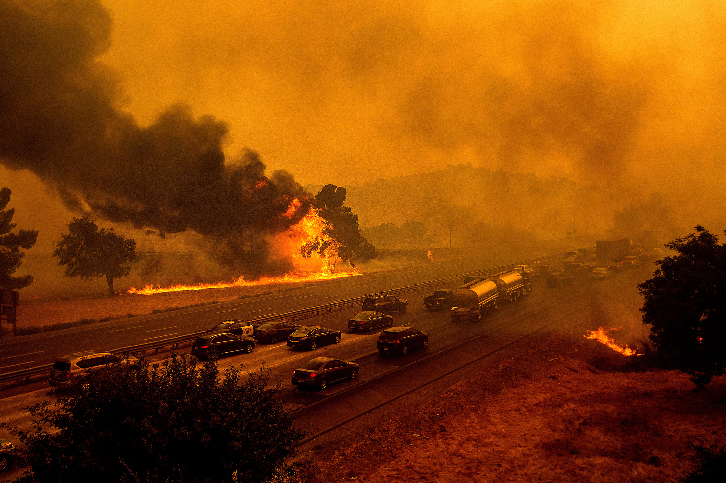 Flames from the LNU Lightning Complex fires along Interstate 80 in Vacaville, Calif., on Aug. 19, 2020. The highway was closed in both directions shortly afterward. (Noah Berger—AP)