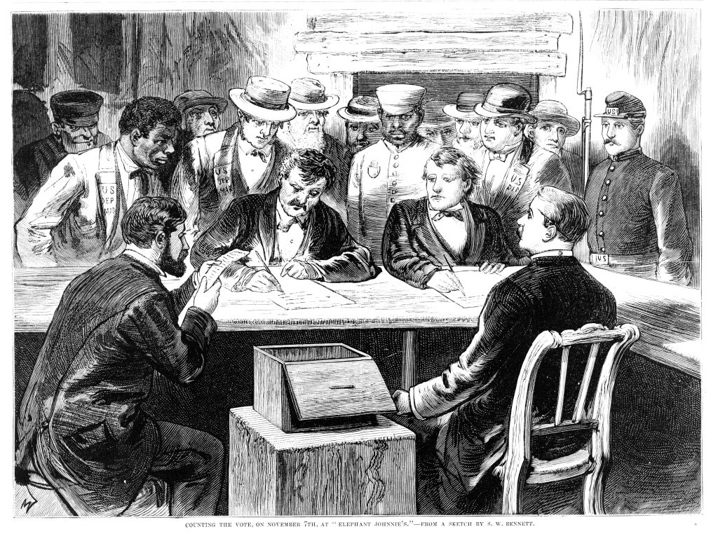 Men seated around a table with a ballot box counting votes after the disputed 1876 presidential election at 'Elephant Johnnie's', a New Orleans bar and polling place, Nov. 7, 1876. From Frank Leslie's Illustrated Newspaper. (Library of Congress/Getty Images)