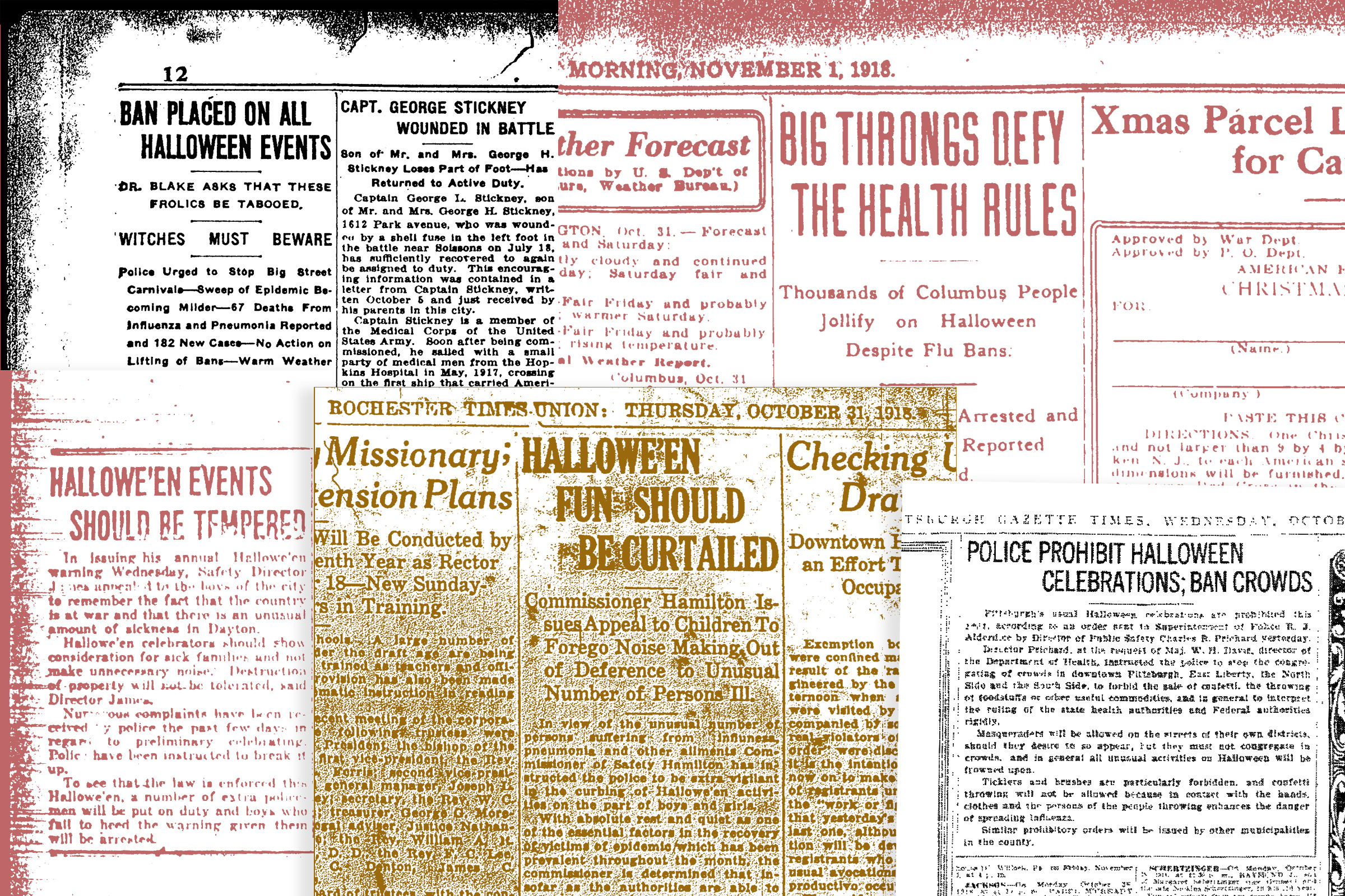 Newspaper headlines about Halloween precautions, 1918 (Influenza Encyclopedia/University of Michigan Center for the History of Medicine and Michigan Publishing, University of Michigan Library)
