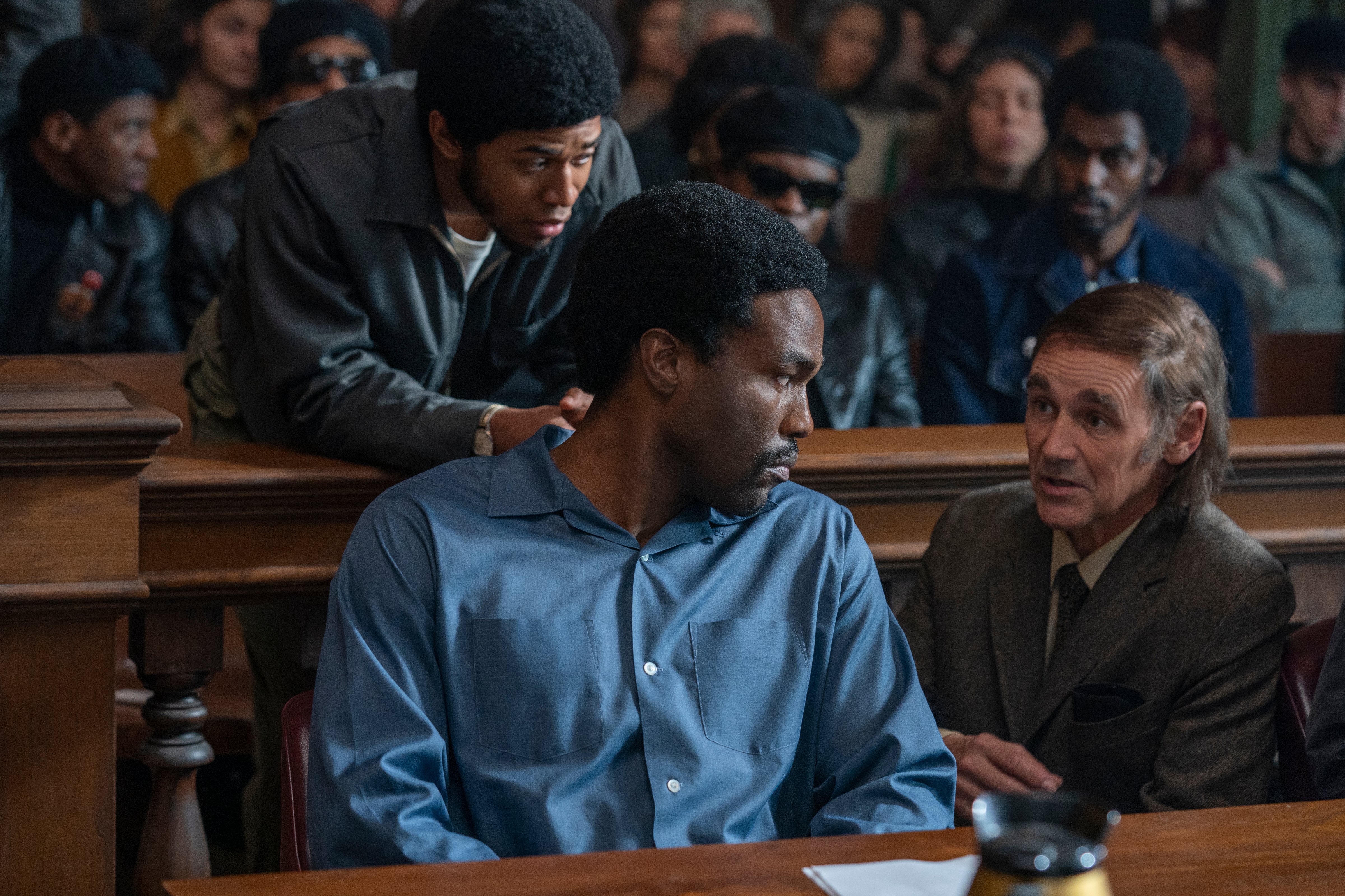 From left, Kelvin Harrison Jr., Yahya Abdul-Mateen II and Mark Rylance in "The Trial of the Chicago 7." (Niko Tavernise/Netflix 2020)