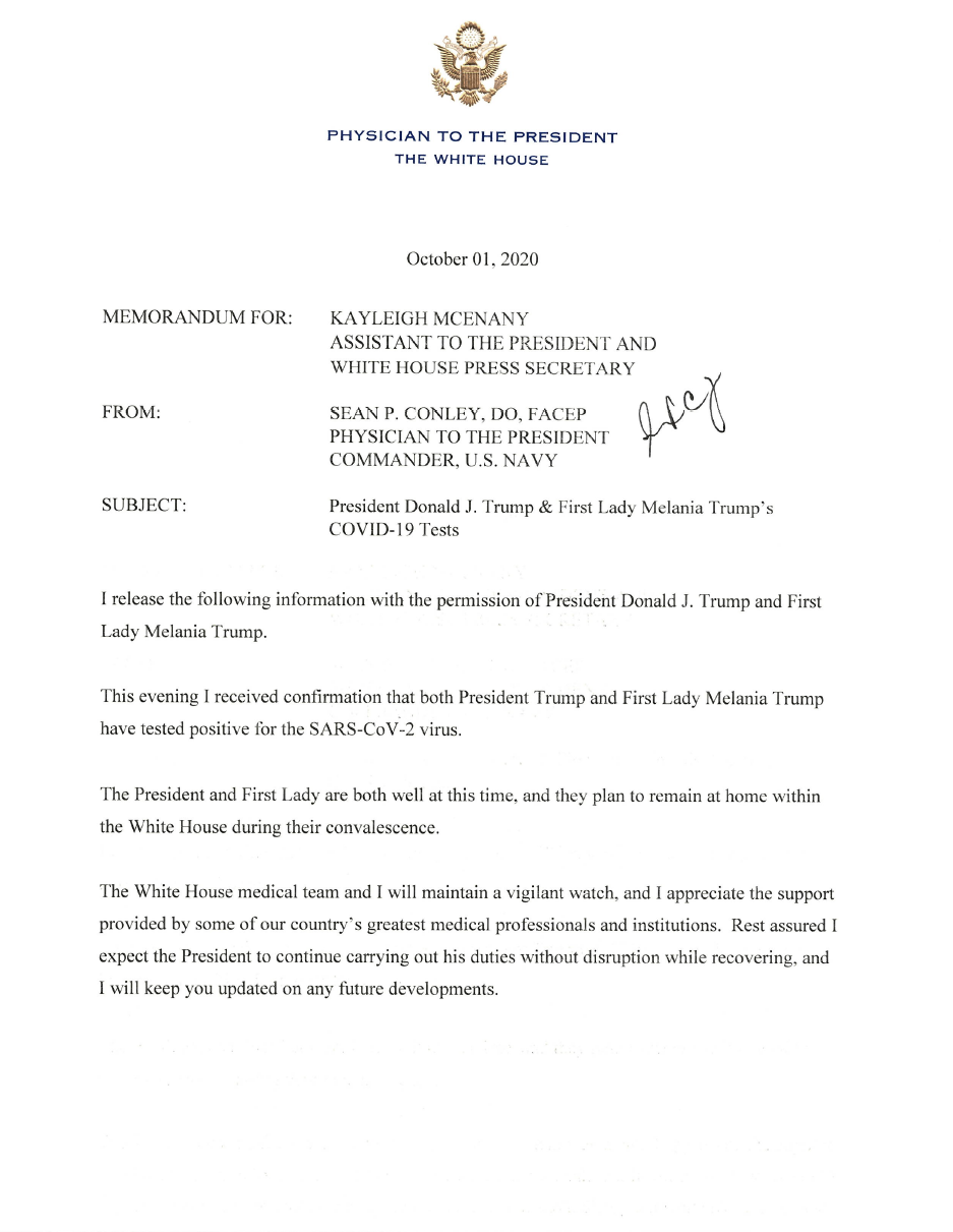 A note from President Donald Trump’s doctor, Sean Conley, said Trump and First Lady Melania “are both well at this time" after they tested positive for COVID-19 on Friday Oct. 2, 2020. (White House)