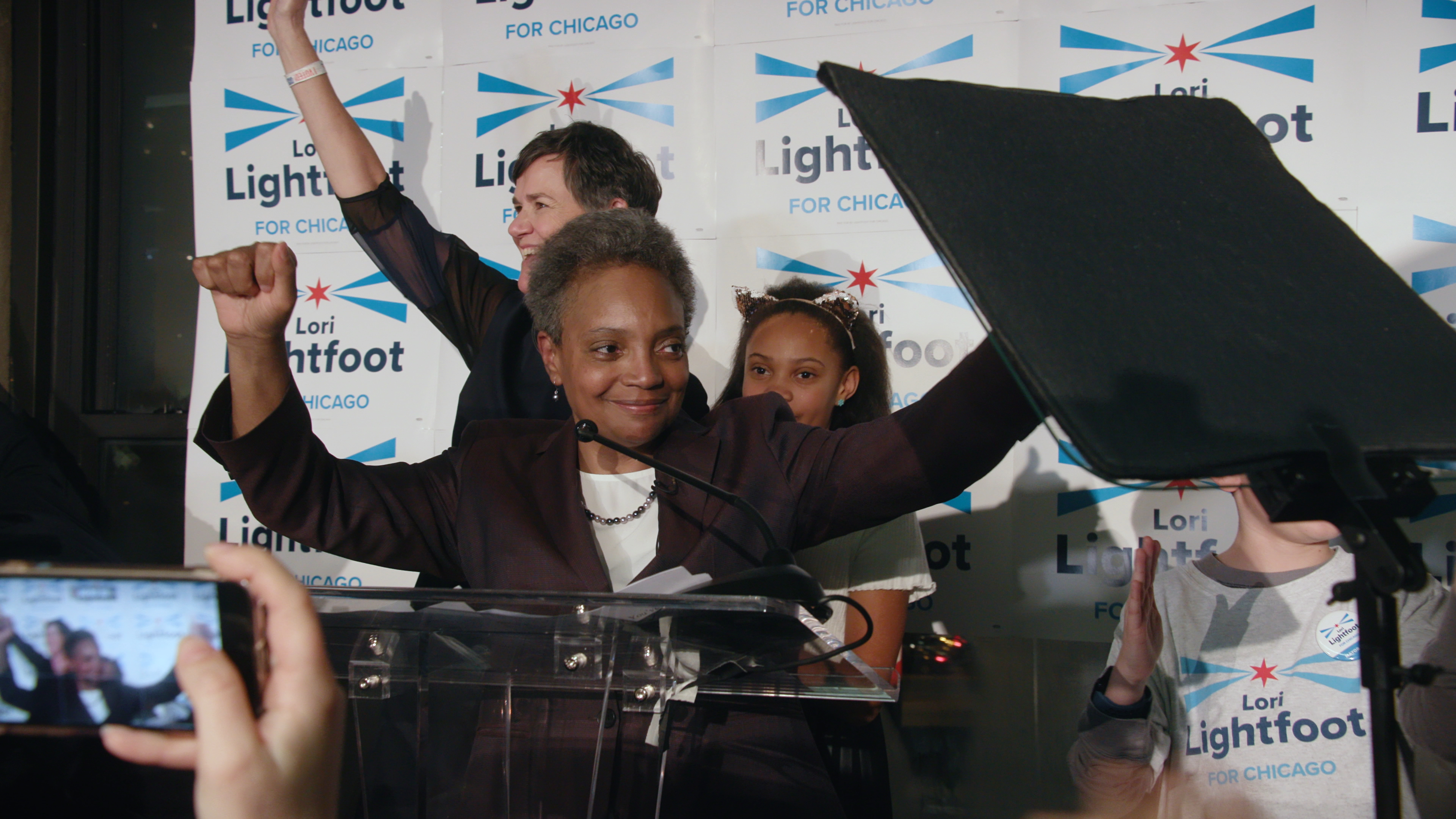 Lori Lightfoot celebrates a preliminary victory as the Chicago Mayoral race comes to a close. (Chicago Story Film, LLC)
