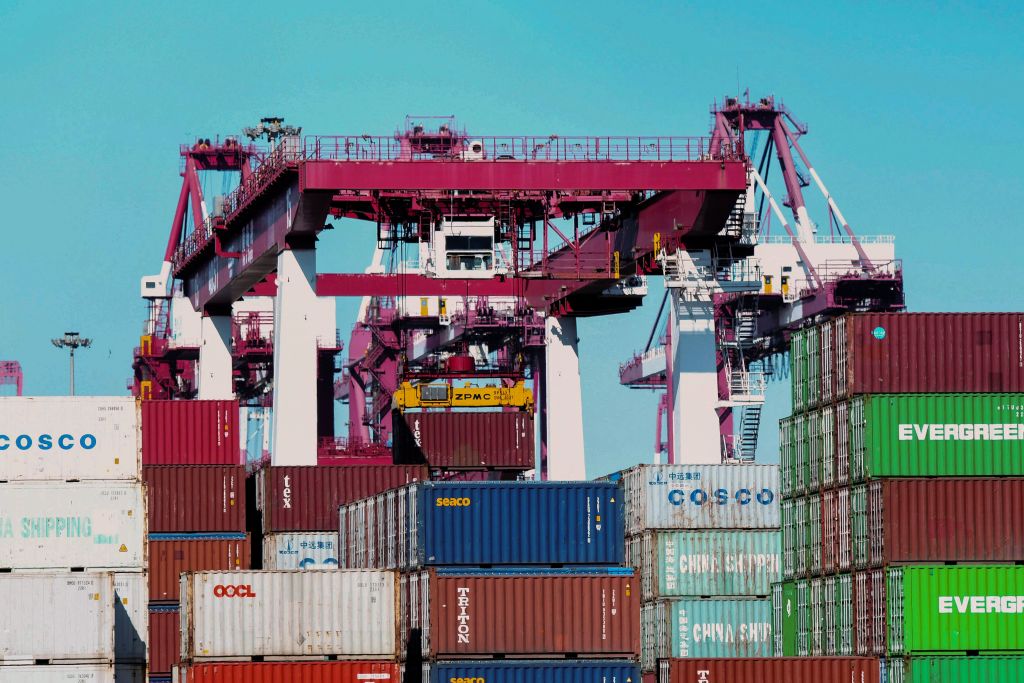 Containers are stacked at the port in Qingdao, in China's eastern Shandong province on November 8, 2019. - China's exports suffered their third month of decline in October, and while the drop was less than expected there were warnings on November 8 of more pain to come as the US trade war rumbles on. (AFP via Getty Images)