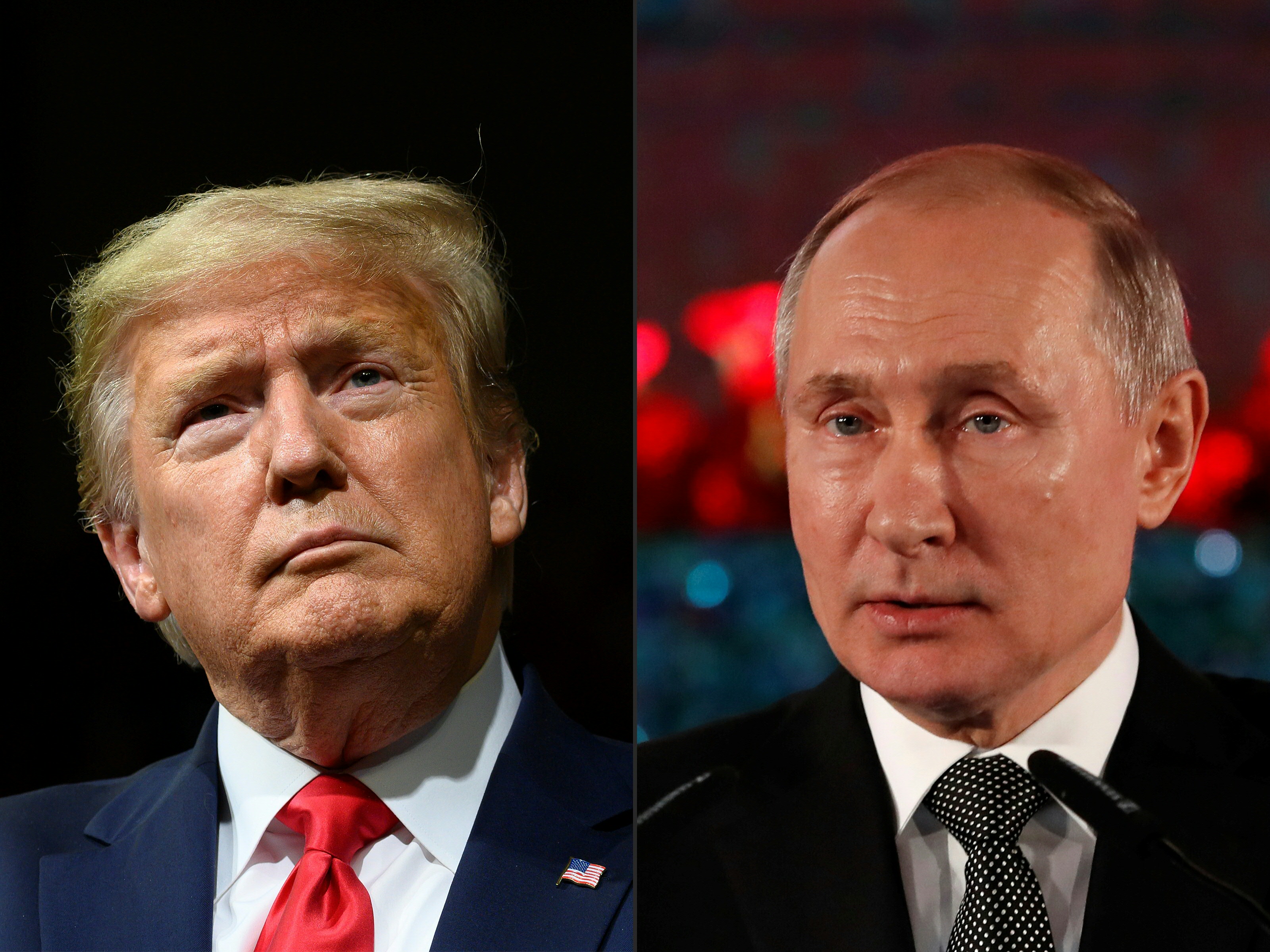 President Donald J. Trump, at a rally in Phoenix, Ariz., on Feb. 19, and Russian President Vladimir Putin, delivering a speech in Jerusalem on Jan. 23. Talks in Geneva on Oct. 2, 2020 involving U.S. and Russian security officials covered Kremlin election meddling, suggesting a shift in Russian tactics in the run-up to the U.S. vote. (Jim Watson and Emmanuel Dunand—AFP/Getty Images)