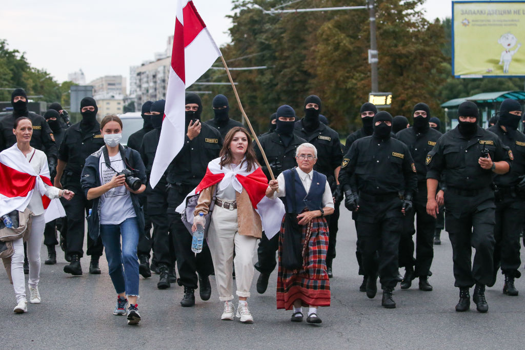 Opposition activist Nina Baginskaya takes part in a women's rally in Minsk, Belarus on Aug. 29, 2020. (Natalia Fedosenko/TASS — Getty Images)
