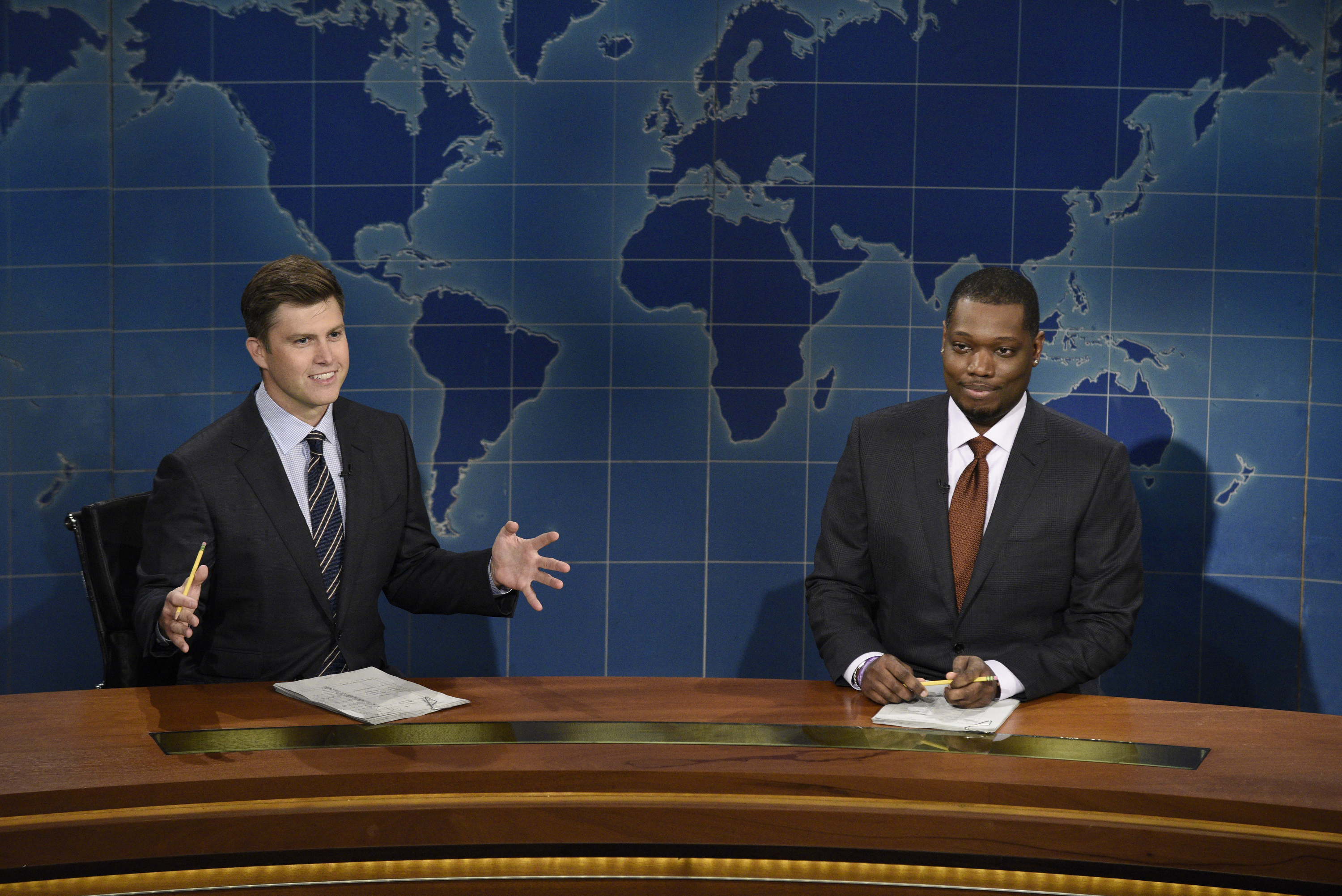 Colin Jost and Michael Che during Saturday Night Live's Weekend Update on October 3, 2020 (NBCU Photo Bank via Getty Images&mdash;2020 NBCUniversal Media, LLC)