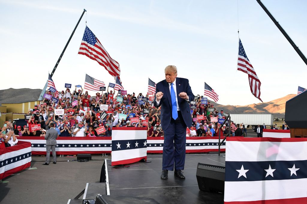 Donald Trump dances at the end of a rally at Carson City Airport in Carson City, Nevada on October 18, 2020. (Mandel Ngan — AFP/Getty Images)