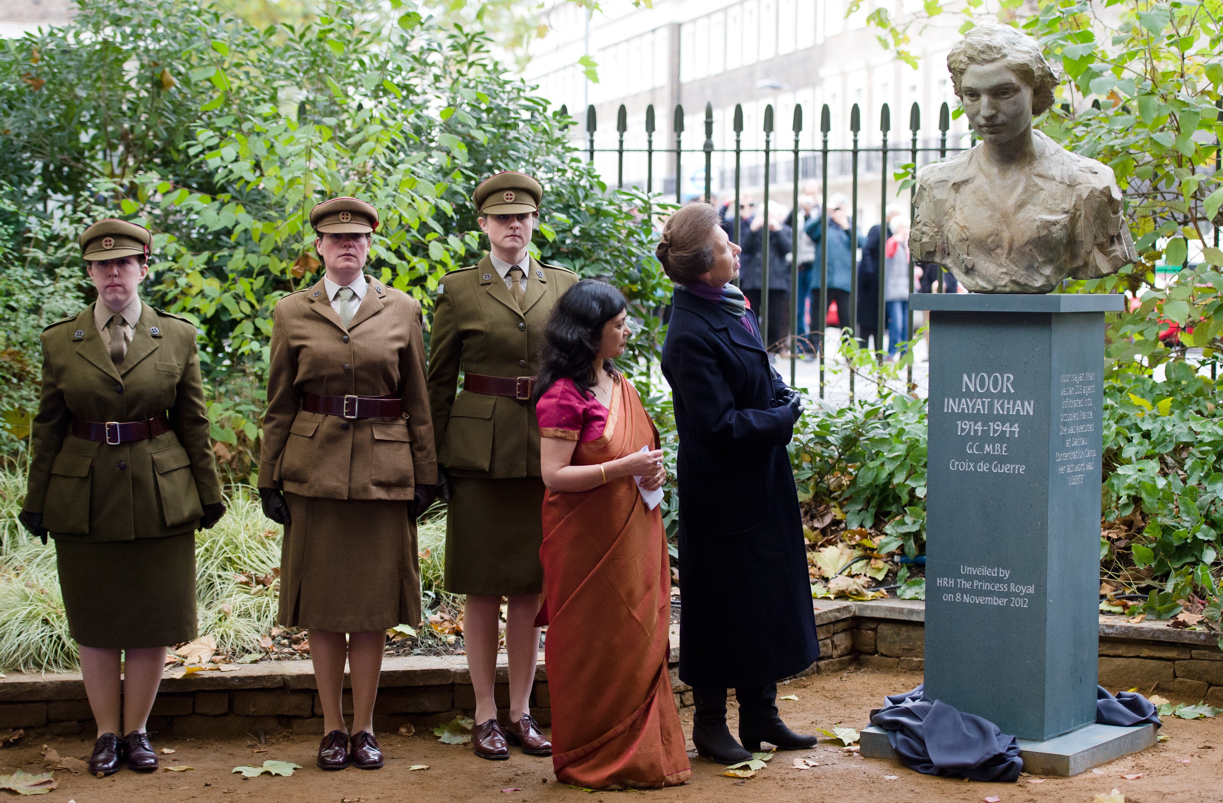 Britain's Princess Anne looks at a statue of Noor Inayat Khan after unveiling it in a ceremony in central London on November 8, 2012. (AFP via Getty Images—2012 AFP)