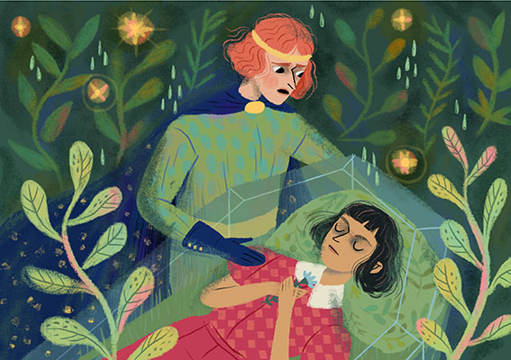 Illustration for Eszter Gangl's tale about a brown skinned Snow White, named Leaf Brown (Illustration by Lilla Bölecz for 'Meseorszag mindenkie', or 'A Fairy Tale for Everyone')