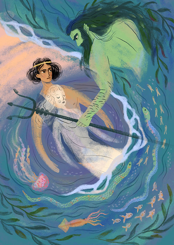 Illustration for Krisztina Rita Molnár's tale about the transgendered greek boy, Caenis, based on Ovid's story from the Metamorphoses (Lilla Bölecz for 'Meseorszag mindenkie' or 'A Fairy Tale for Everyone')