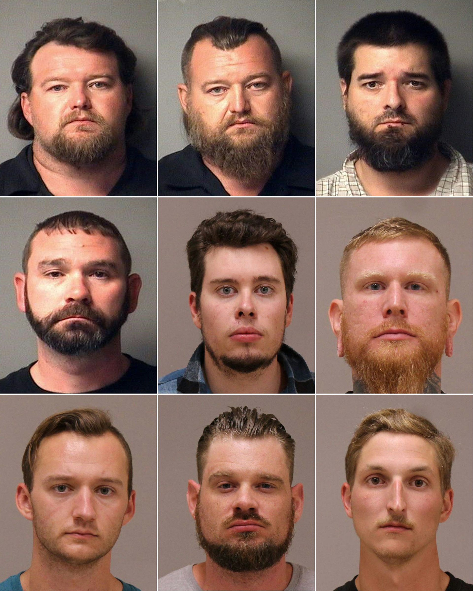 This grid of pictures shows booking photos released by the Antrim County Sheriff's Office in Michigan (L-R, top to bottom) Michael Null, William Null, Eric Molitor, and Shawn Fix and images released by the Kent County Sheriff's Office in Michigan, Ty Garbin, Brandon Caserta, Kaleb Franks, Adam Fox, and Daniel Harris. All are suspects have been arrested for plotting to kidnap Michigan Governor Gretchen Whitmer and "instigate a civil war", Michigan Attorney General Dana Nessel announced on October 8, 2020. (Kent County Sheriff's Office/AFP)