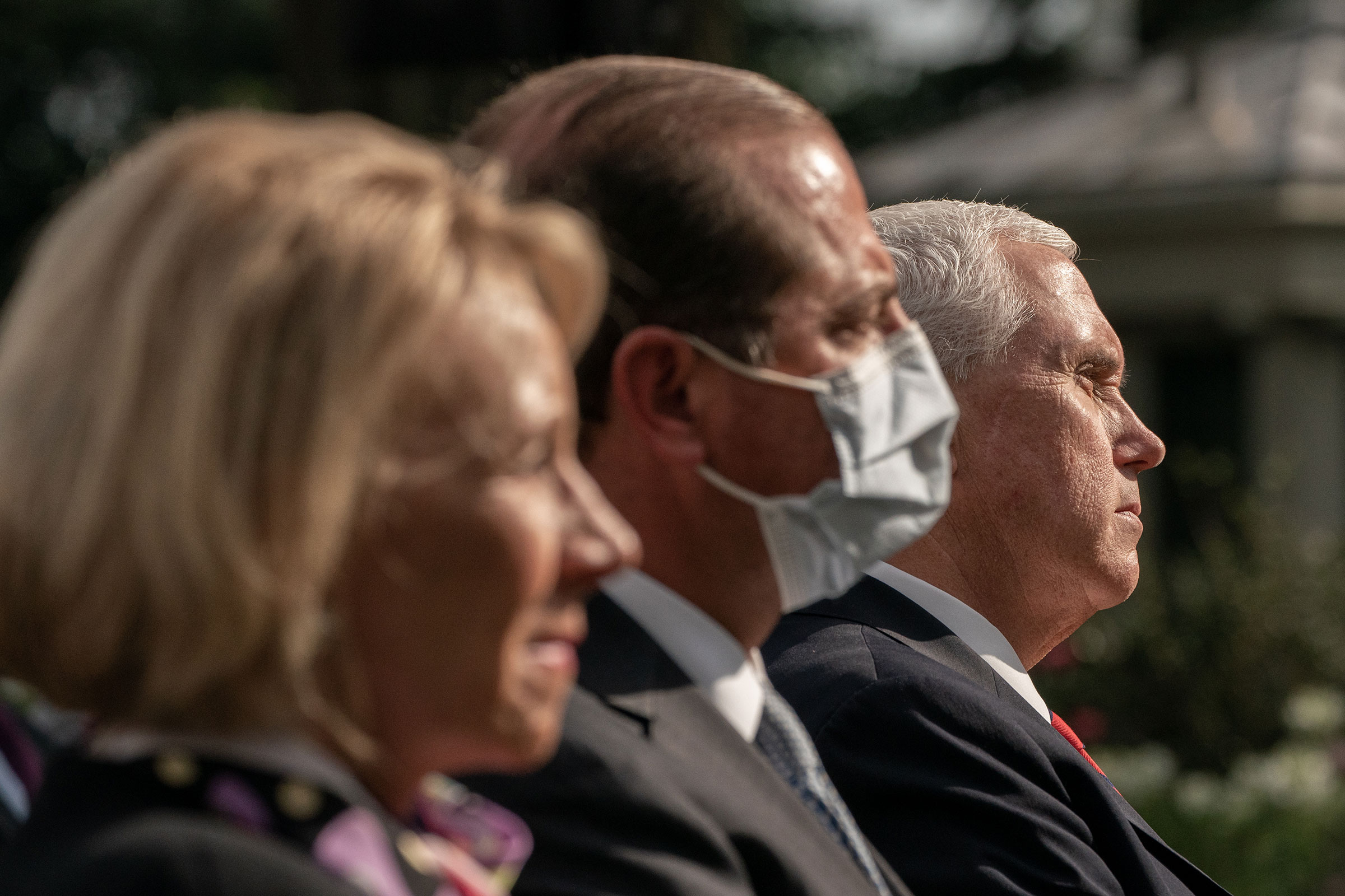 United States Vice President Mike Pence listens during an update by United States President Donald Trump on the nation's Coronavirus testing strategy in the Rose Garden of the White House, in Washington, Sept. 28, 2020. (Ken Cedeno—Sipa)
