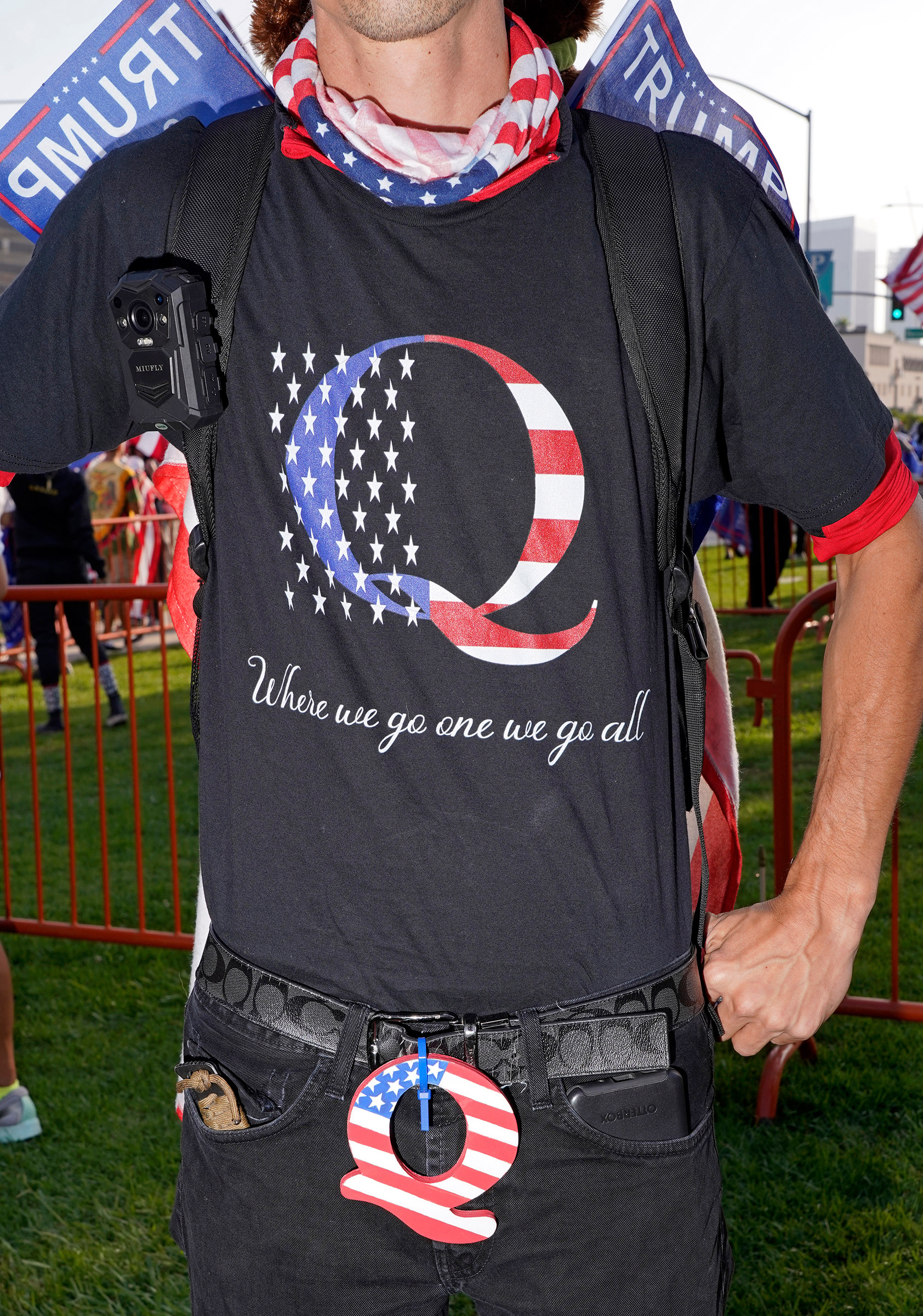 A QAnon shirt at a Trump rally in Beverly Hills, Calif., Oct. 10, 2020. (Jamie Lee Curtis Taete)