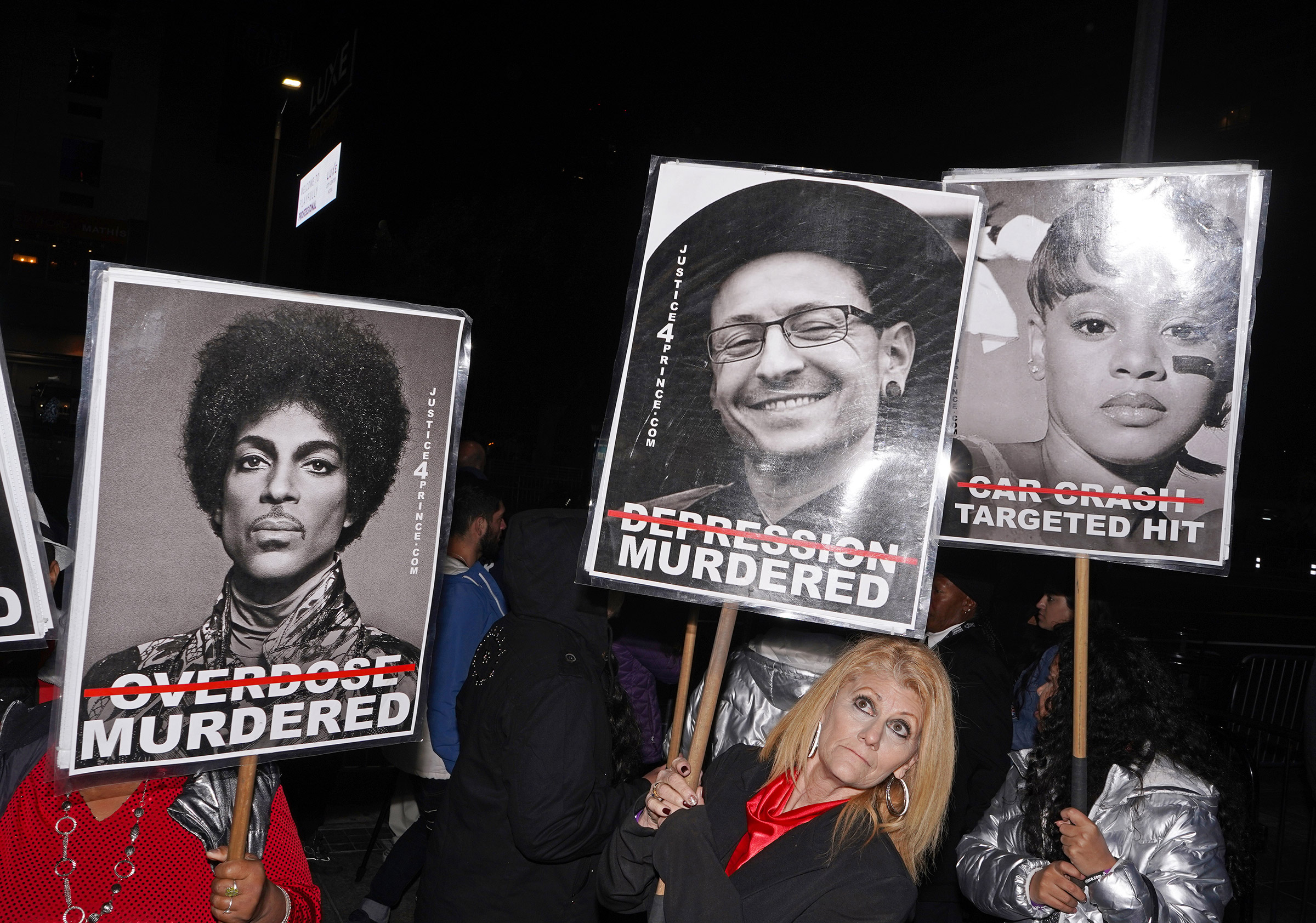 The group Justice 4 Prince protesting outside the Grammy's in Downtown Los Angeles, Jan. 26, 2020. (Jamie Lee Curtis Taete)
