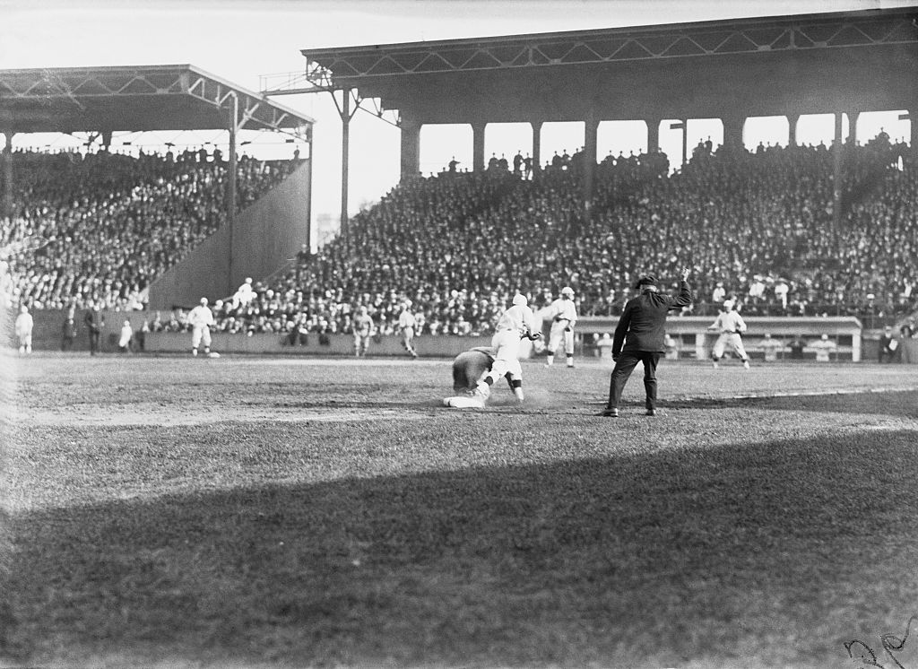 Fred Merkle of the Chicago Cubs is called out at third base during the 4th game of the 1918 World Series between the Chicago Cubs and the Boston Red Sox. (Bettmann Archive/Getty Images)