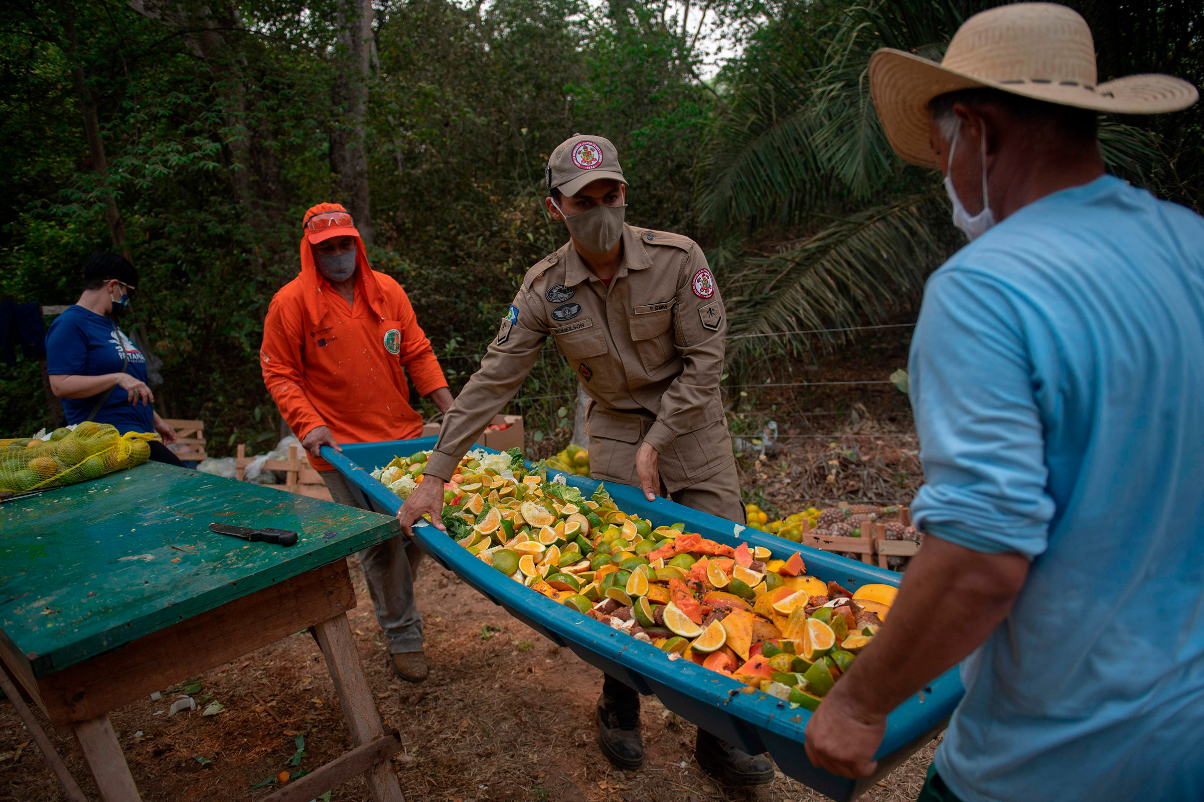 Inmates organize food to be distributed to animals on Sept. 19. (Mauro Pimentel—AFP/Getty Images)