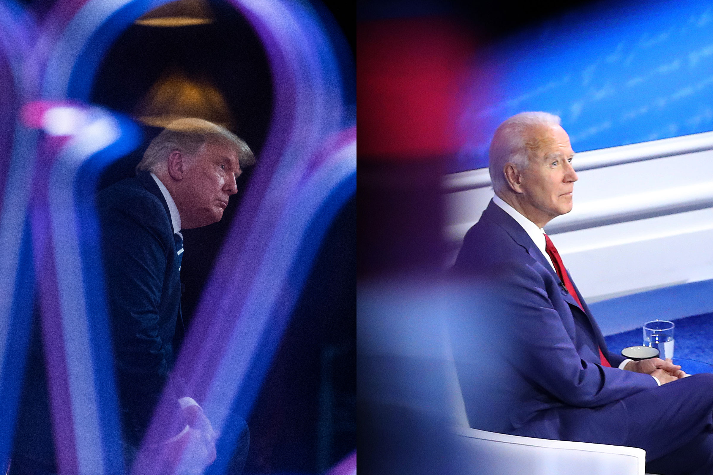 President Donald Trump speaks during an NBC News Town Hall; Democratic presidential nominee Joe Biden participates in a Town Hall format meeting with ABC News (Evan Vucci—AP; Chip Somodevilla—Getty Images)