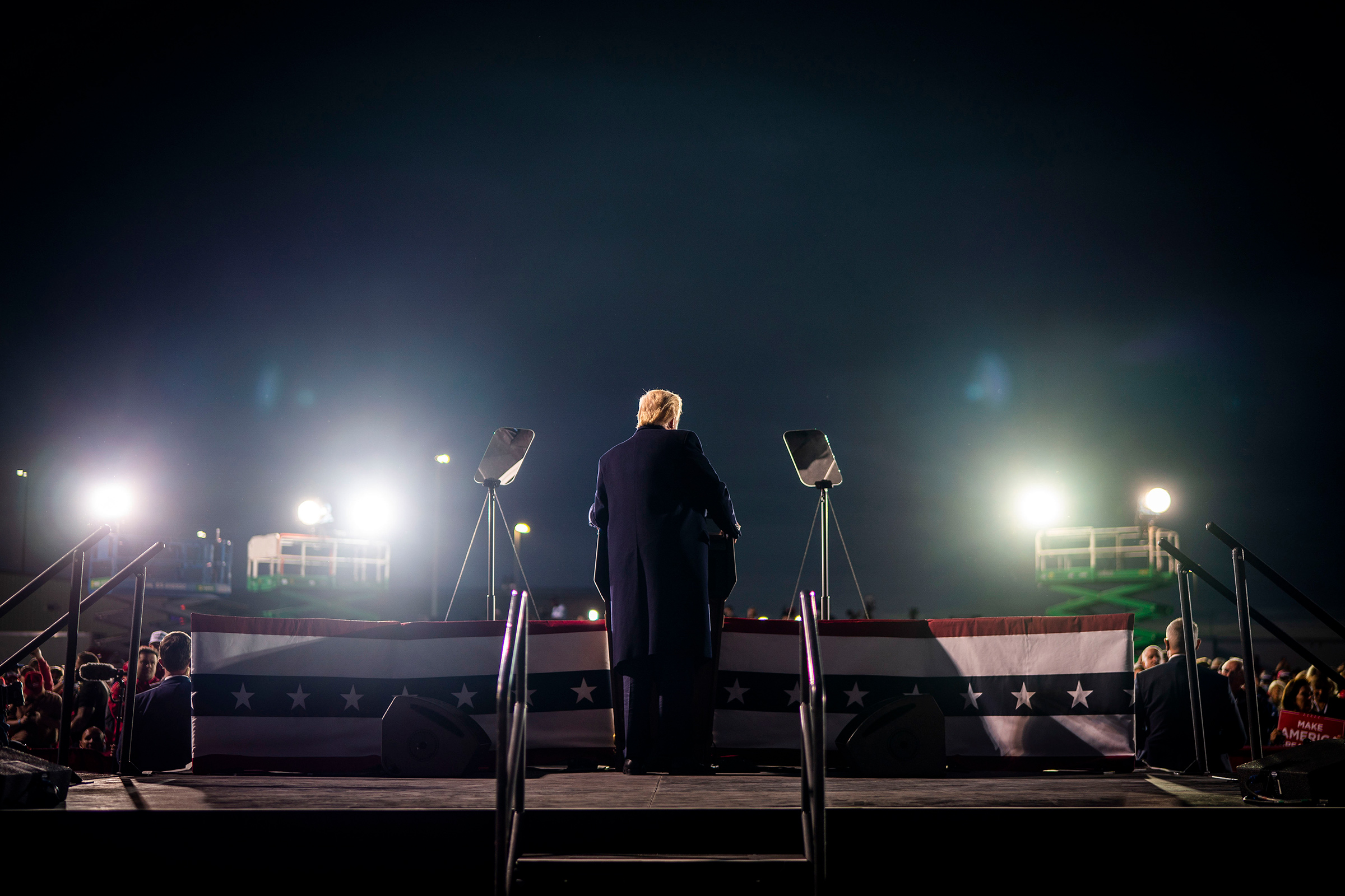 President Trump speaks during a campaign rally in Des Moines, Iowa, on Oct. 14, 2020. (Doug Mills—The New York Times/Redux)
