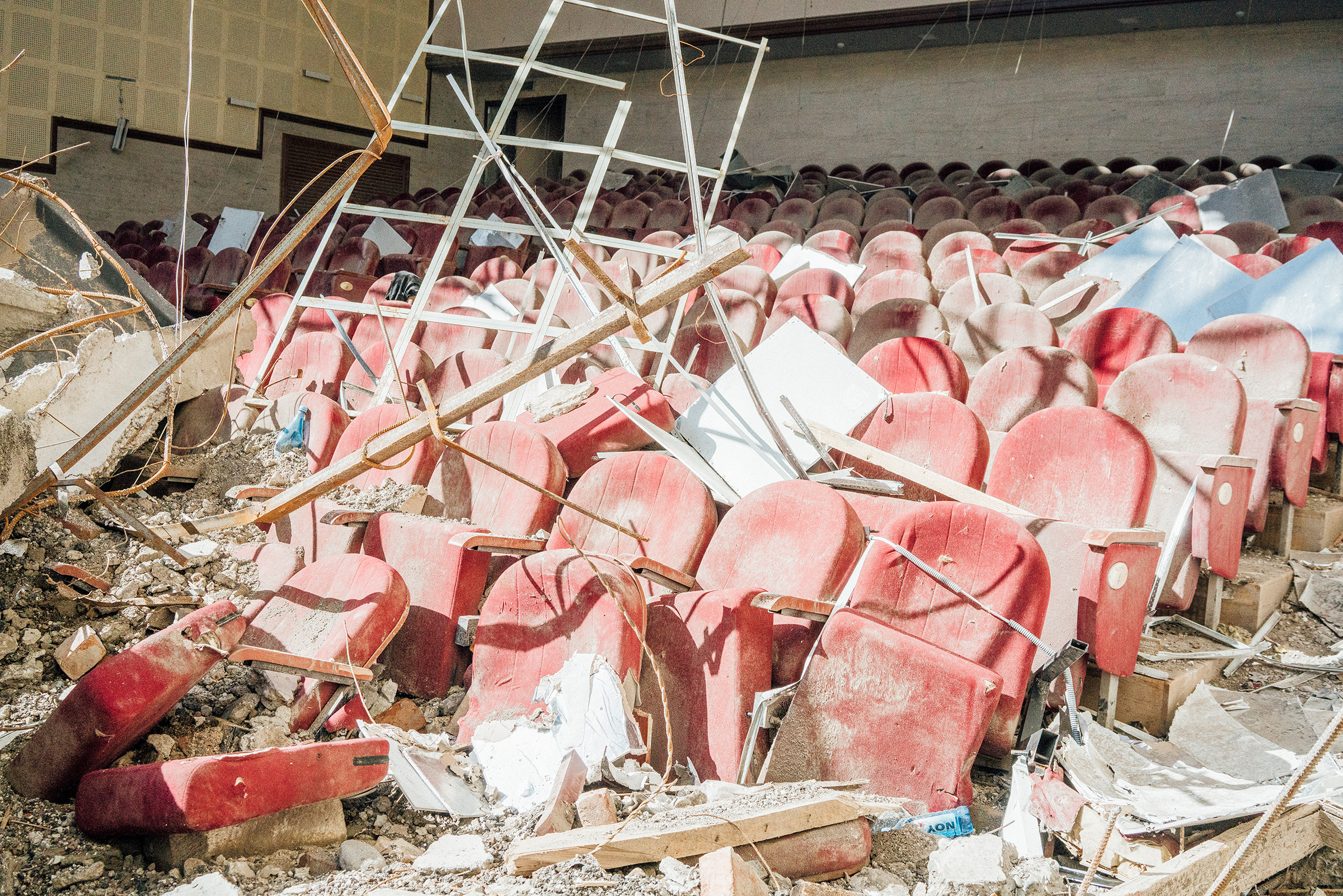 Rows of seating were destroyed in a theater in Shusha. (Emanuele Satolli)