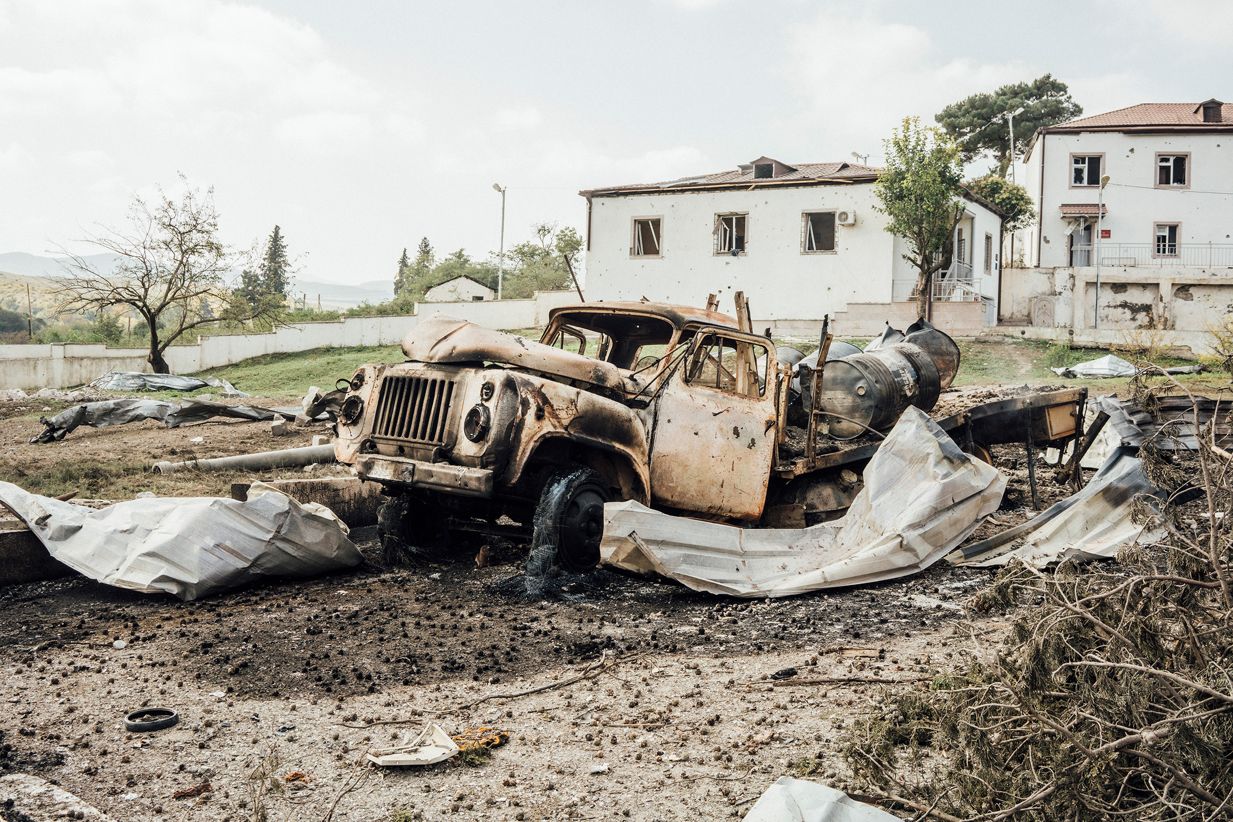 A vehicle destroyed by shelling in the town of Martakert.