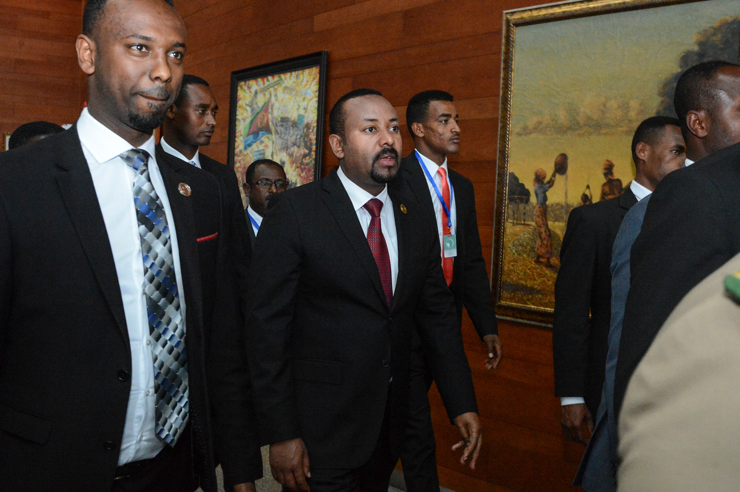 Ethiopia's Prime Minister Abiy Ahmed, center, arrives for the opening session of the 33rd African Union Summit in Addis Ababa on Feb. 9 (AP)