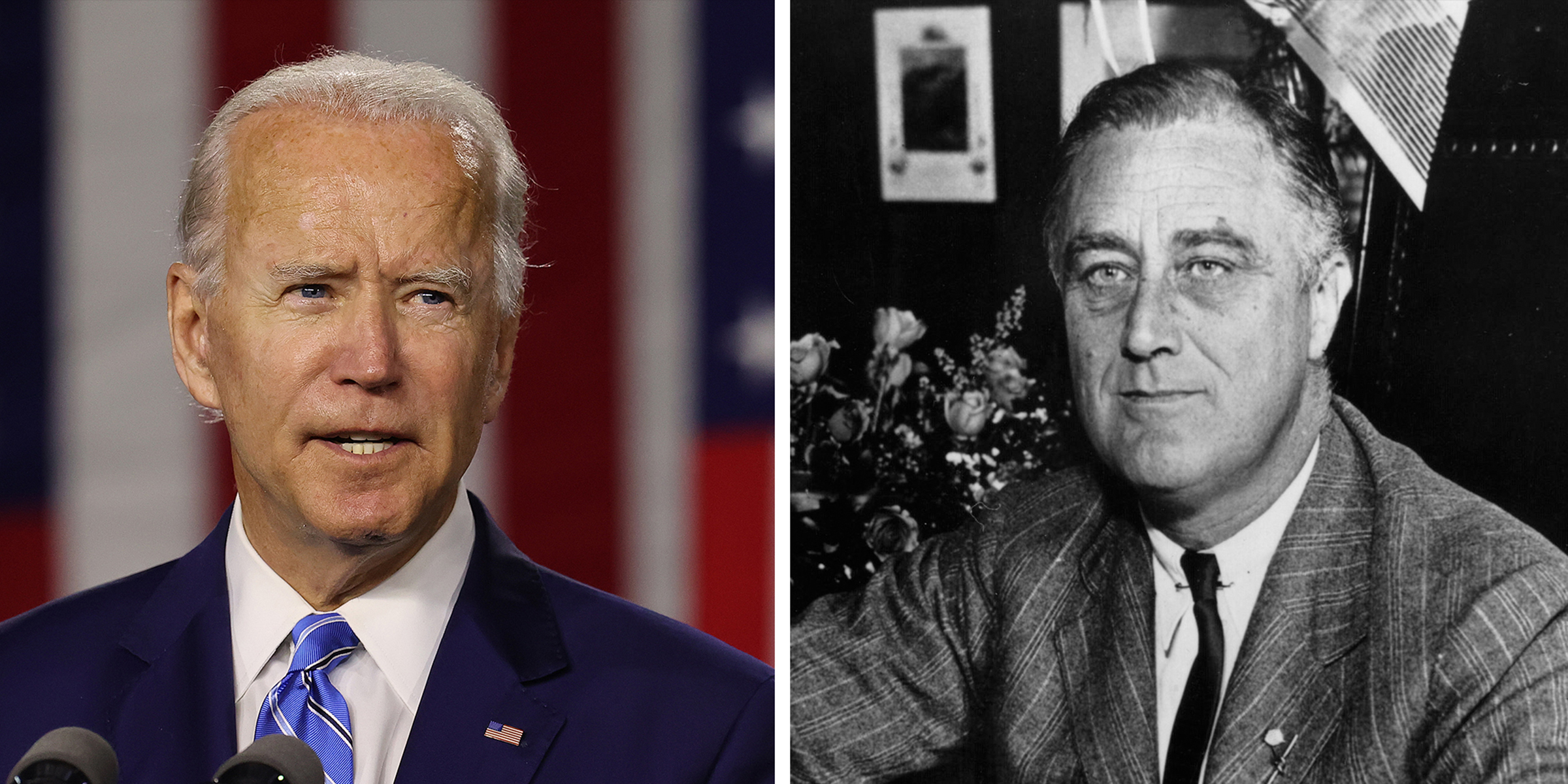 Democratic presidential candidate former Vice President Joe Biden, and 32nd President of the United States Franklin Delano Roosevelt. (Chip Somodevilla—Getty Images; Keystone Features—Getty Images)