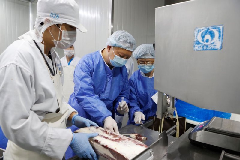Medical workers wearing protective suits collect samples from imported frozen beef for COVID-19 tests at a food factory in Shanghai, China on August 18, 2020.