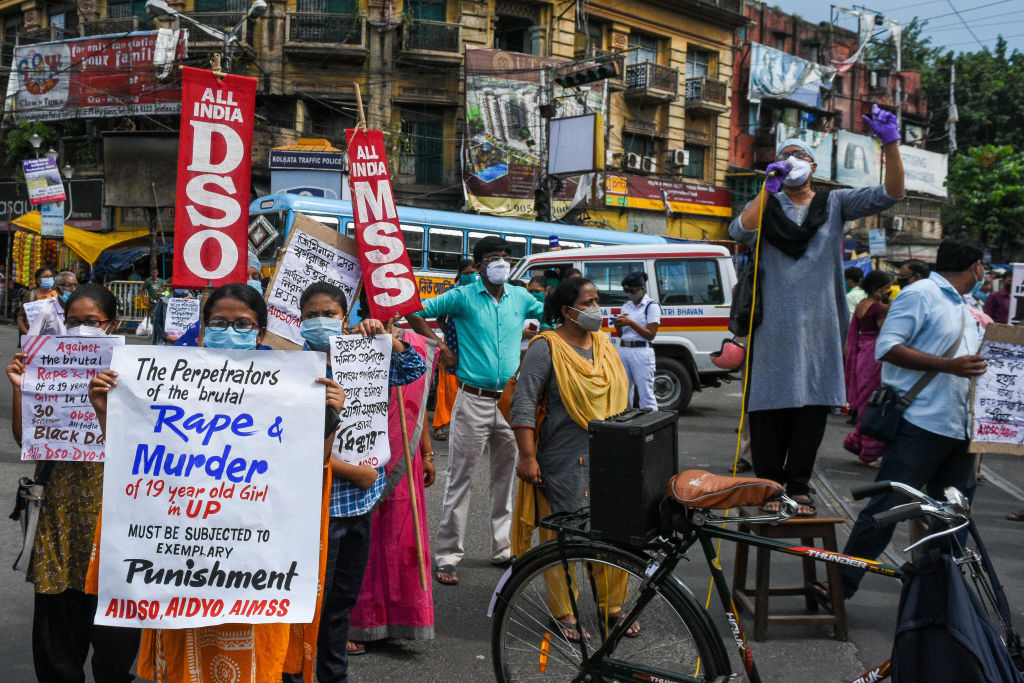 A protest in Kolkata against the alleged rape, torture and murder of a 19-year-old Dalit woman in Hathras district of Uttar Pradesh, India. (Debarchan Chatterjee—NurPhoto/Getty Images)