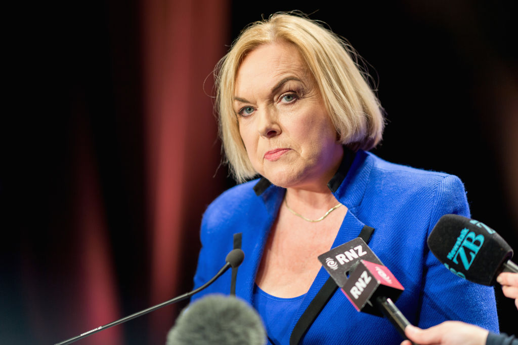 National Party leader Judith Collins speaks to the media following The Press Leaders Debate at Christchurch Town Hall in Christchurch, New Zealand on Oct. 06, 2020. (Kai Schwoerer—Getty Images)