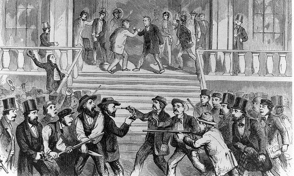Illustration depicting fighting between pro- and anti-slavery campaigners at a political convention held at Fort Scott in Kansas, circa 1856 (Getty Images)