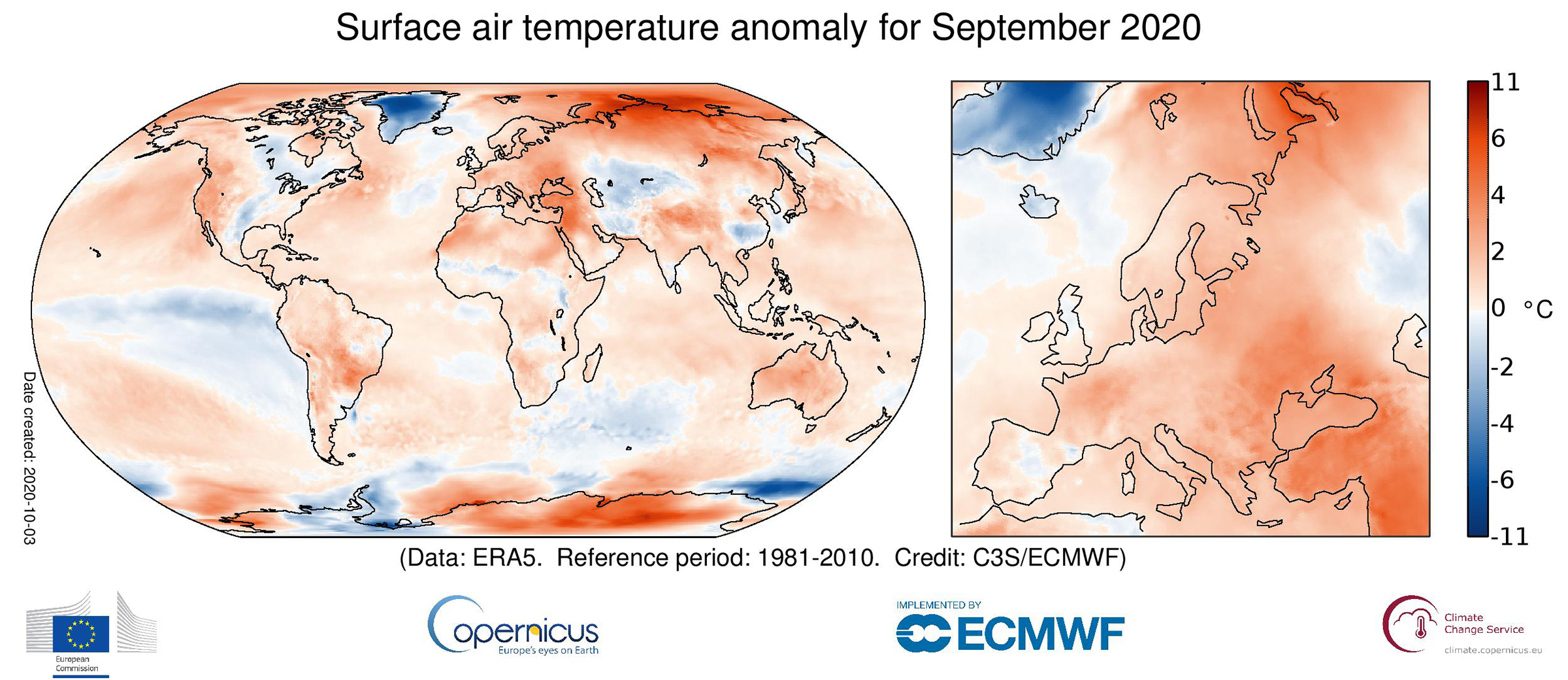 Surface air temperature anomaly for September 2020 relative to the September average for the period 1981-2010. Data source: ERA5. (Copernicus Climate Change Service/ECMWF.)