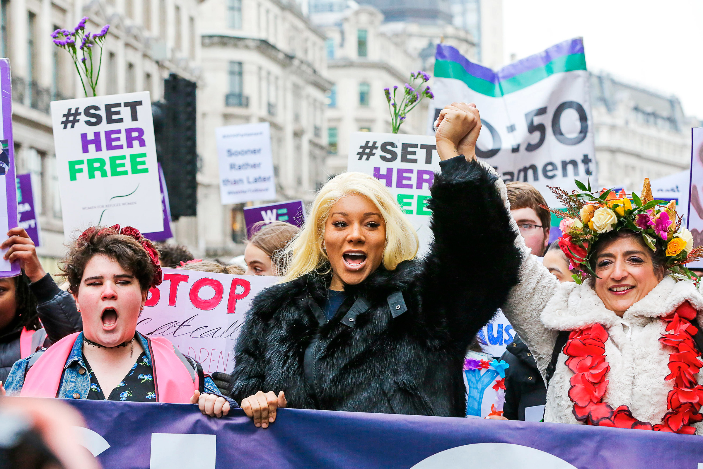 Bergdorf joins thousands of women taking part in the Global Women’s March in London in January 2019. (SOPA Images Limited/Alamy)