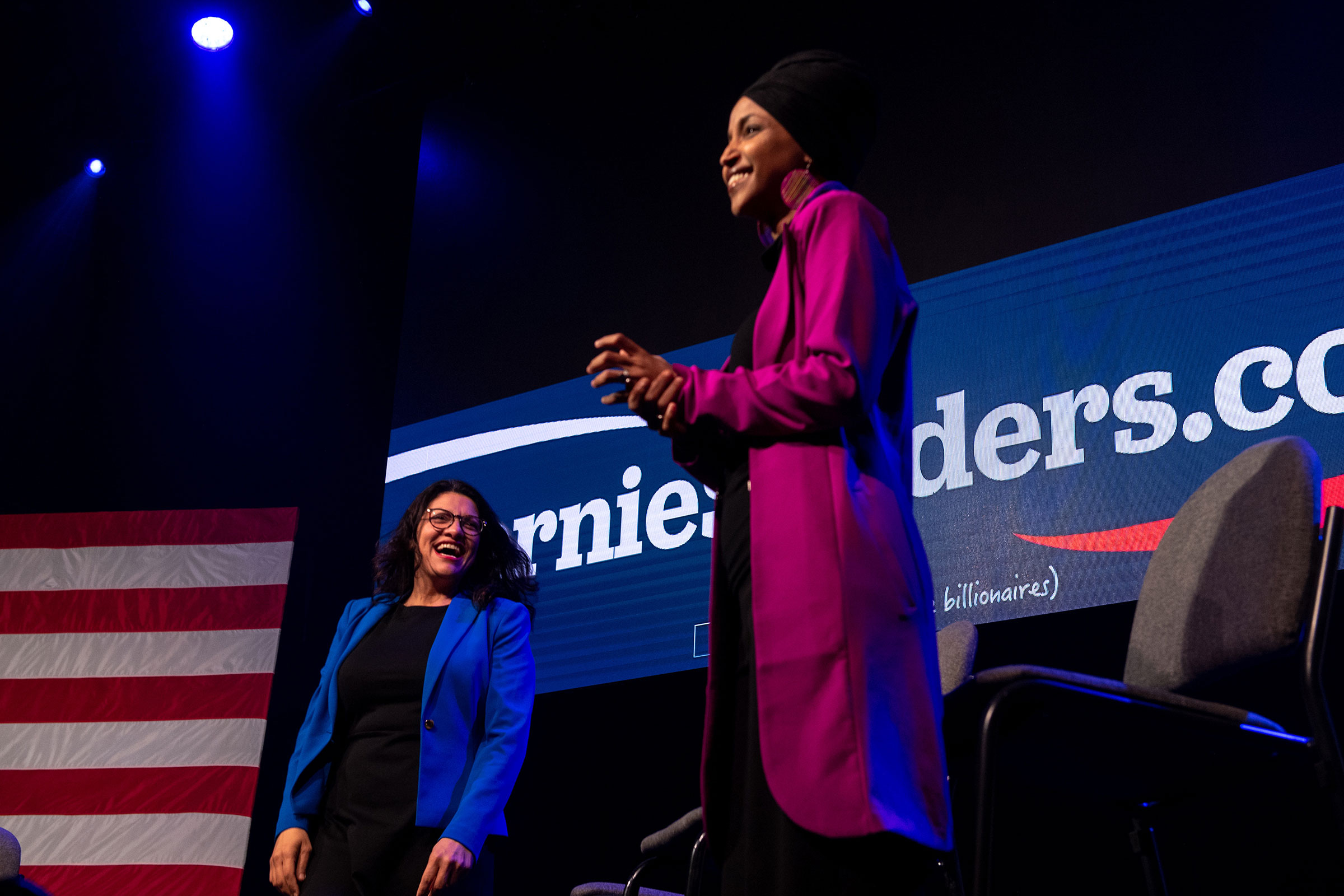 Reps. Rashida Tlaib and Ilhan Omar hold a campaign rally for Sen. Bernie Sanders in Clive, Iowa, Jan. 31, 2020.