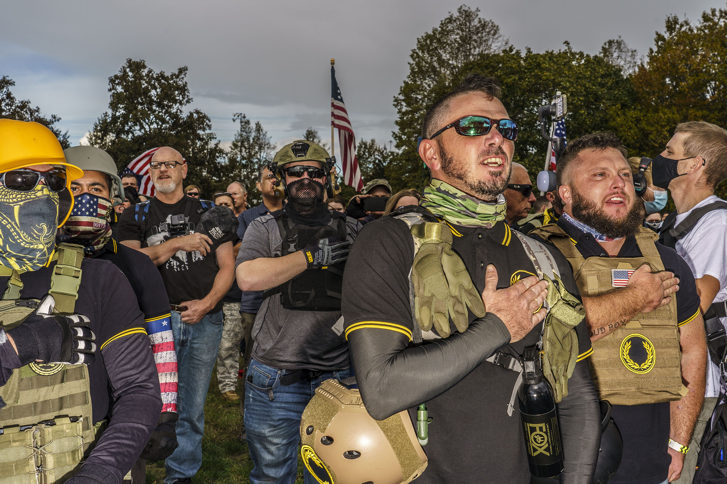 Hundreds of far-right Proud Boys and their supporters held a rally in Delta Park in Portland, Ore., on Sept. 26, 2020. (Mark Peterson—Redux)