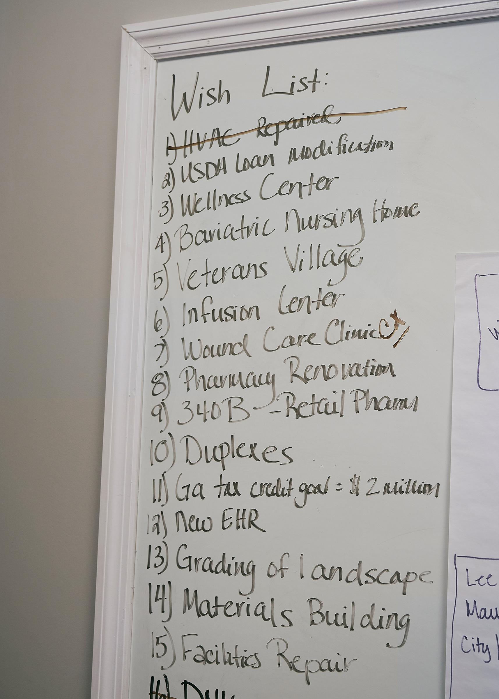 A wishlist in the office of Angela Ammons, CEO of Clinch Memorial Hospital.