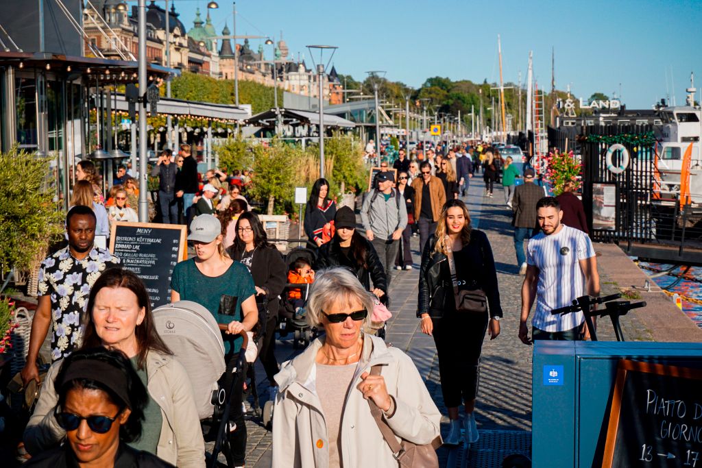 People walk on Stranvagen in Stockholm on Sept. 19, 2020. (Jonathan Nackstrand/AFP—Getty Images)