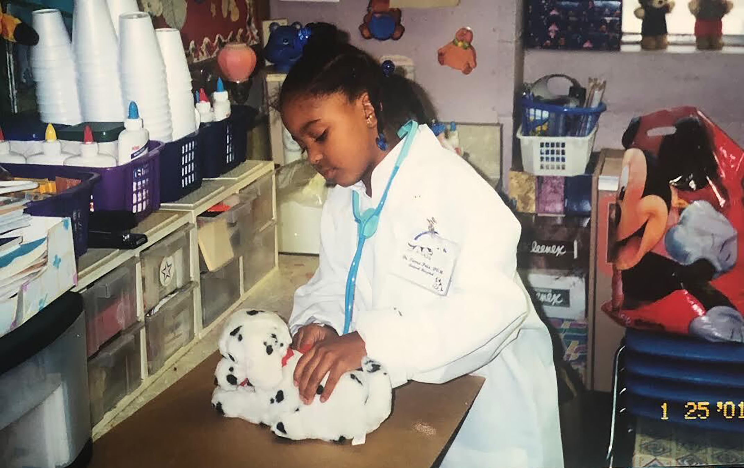 At age 6, Price attends her first-grade career day dressed as a veterinarian. She brought a stuffed animal and made sure her name tag said DVM, "so I wouldn't be mistaken for an MD," says Price. (Courtesy Tierra Price)
