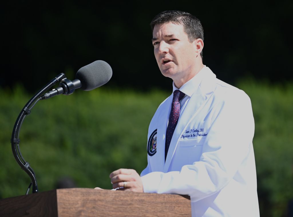 White House physician Sean Conley gives an update on the condition of US President Donald Trump, on Oct. 3, 2020, at Walter Reed Medical Center in Bethesda, Maryland. (BRENDAN SMIALOWSKI/AFP—Getty Images)