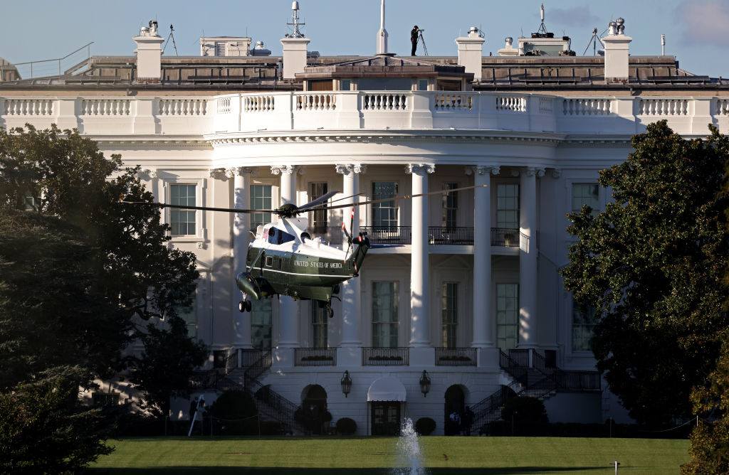Marine One, the presidential helicopter, arrives at the White House to carry U.S. President Donald Trump to Walter Reed National Military Medical Center October 2, 2020 in Washington, D.C. (Win McNamee—Getty Images)