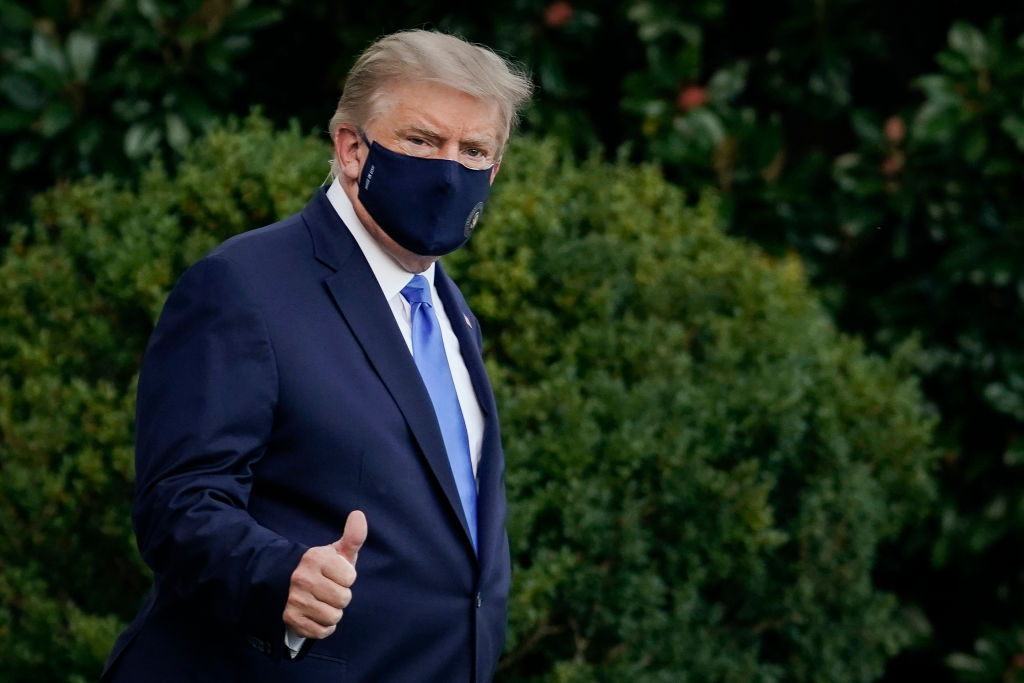 U.S. President Donald Trump leaves the White House for Walter Reed National Military Medical Center on the South Lawn of the White House on October 2, 2020 in Washington, D.C. (Drew Angerer—Getty Images)