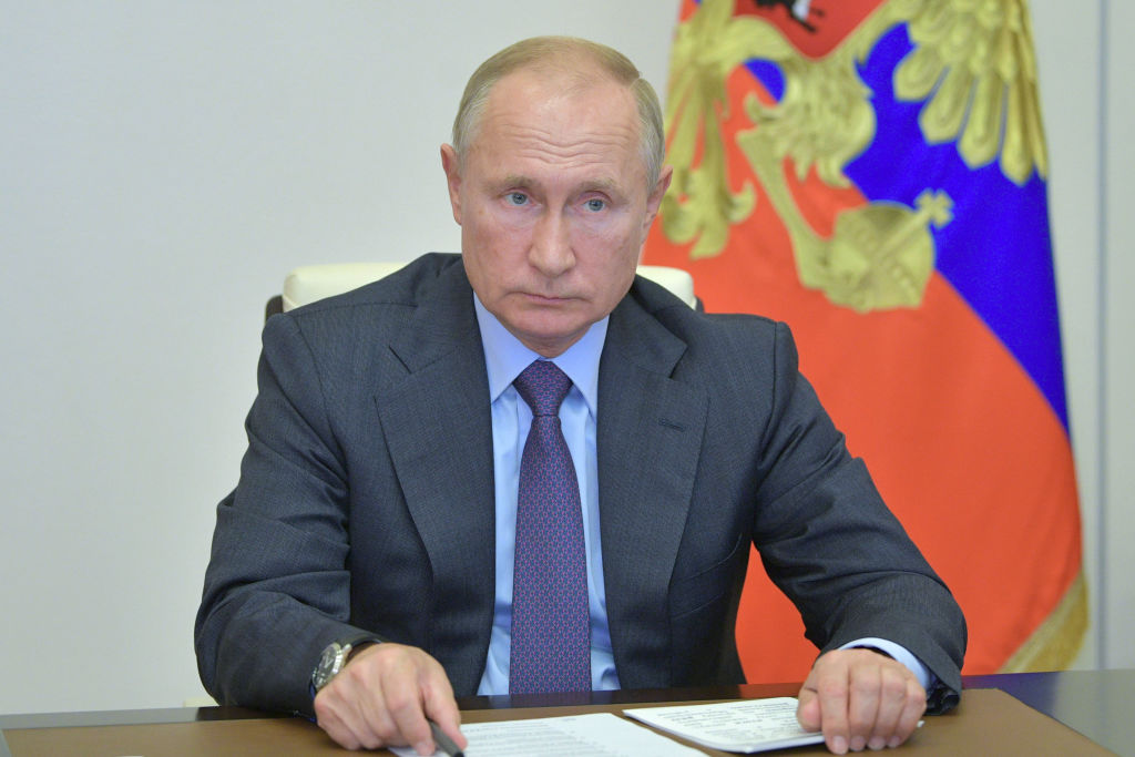 Russia's President Vladimir Putin holds a video conference meeting on development and decriminalization of Russia's timber industry at Novo-Ogaryovo residence on Sept. 30, 2020. (Alexei Druzhinin—TASS/Getty Images)